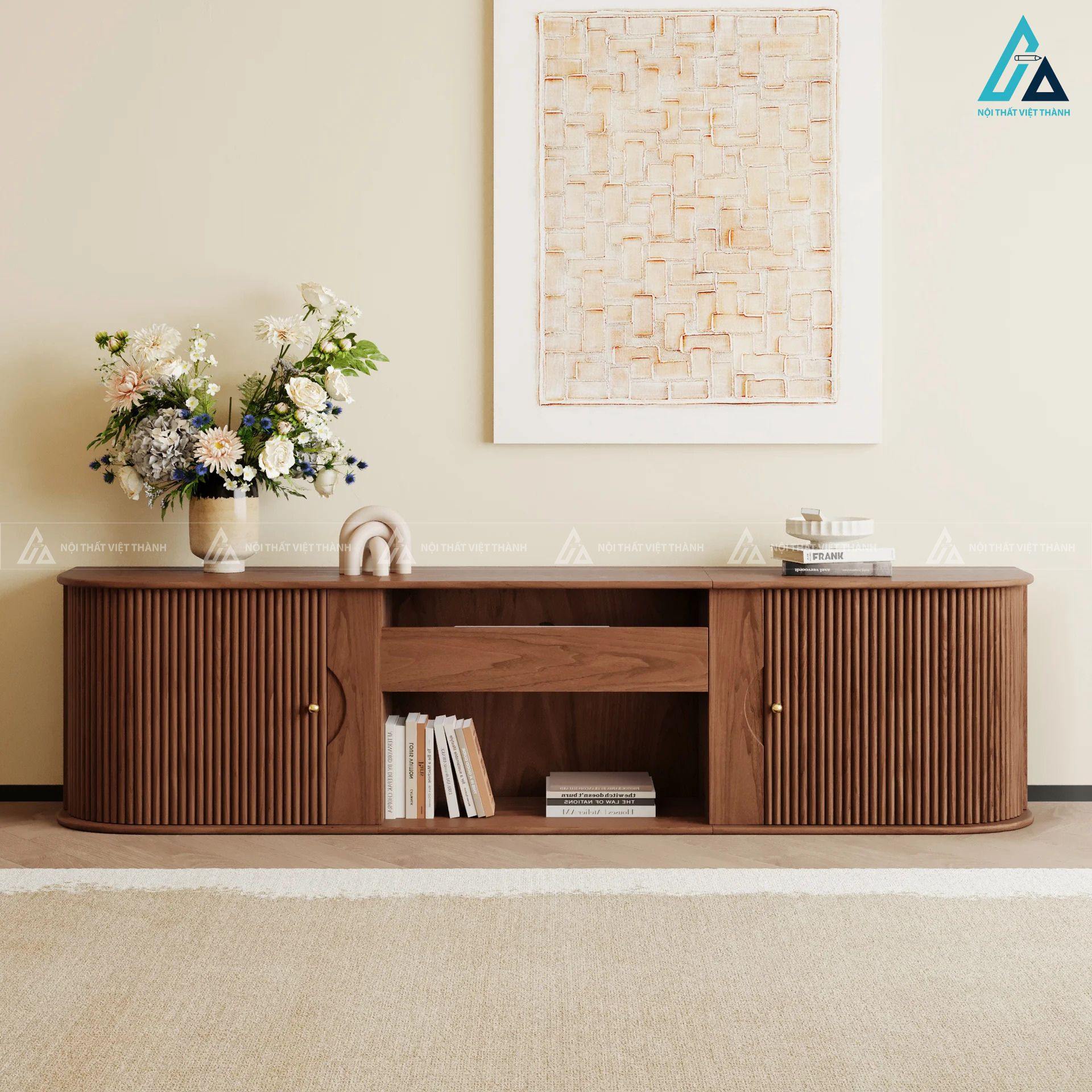 Kệ tivi gỗ tự nhiên thiết kế mở rộng thông minh sang trọng