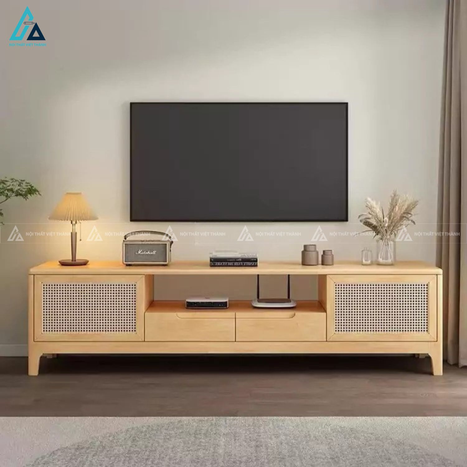 Kệ tivi gỗ tự nhiên kết hợp mây tre phong cách bắc âu sang trọng