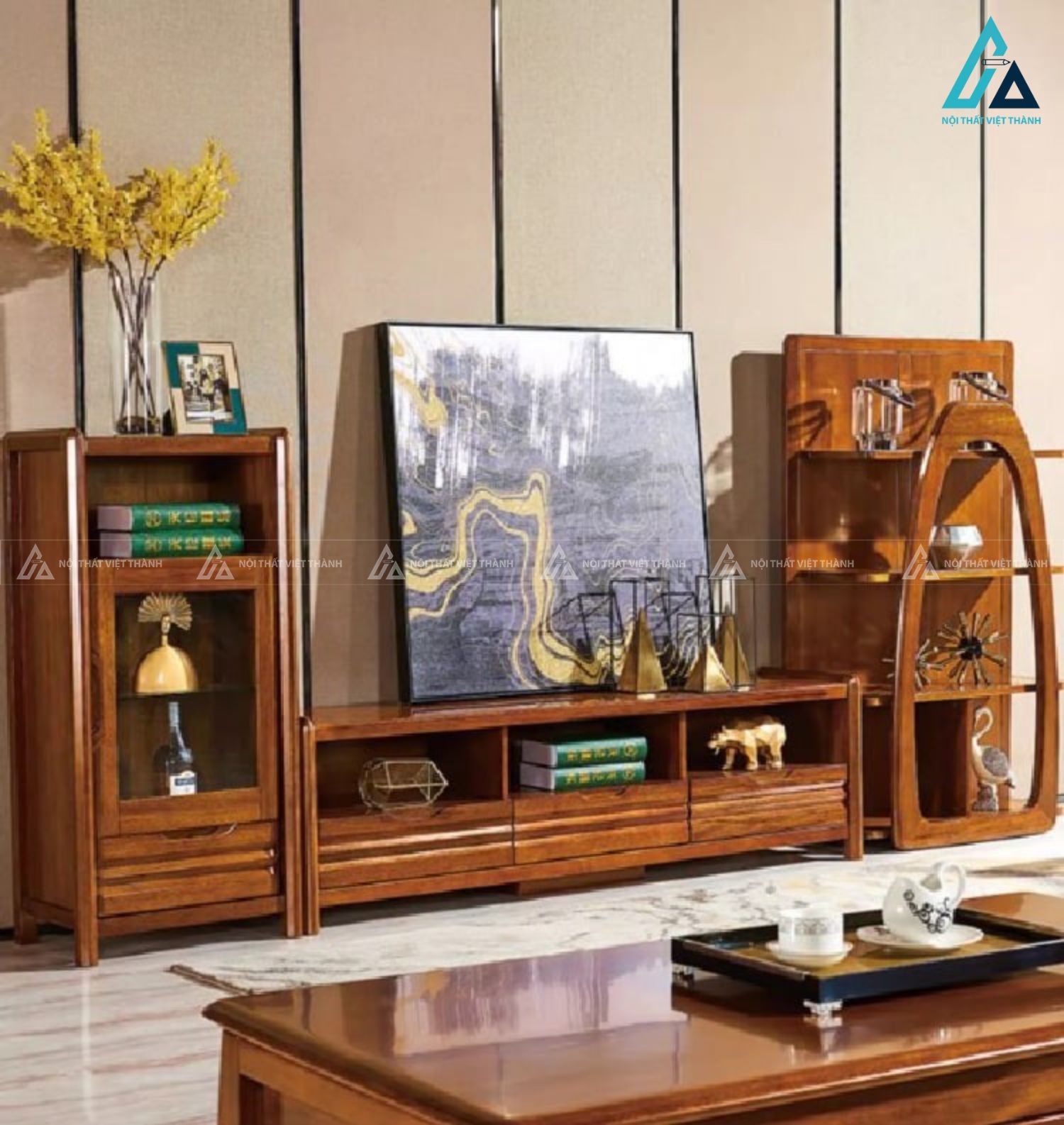 Bộ kệ tivi gỗ tự nhiên kết hợp tủ trang trí sang trọng