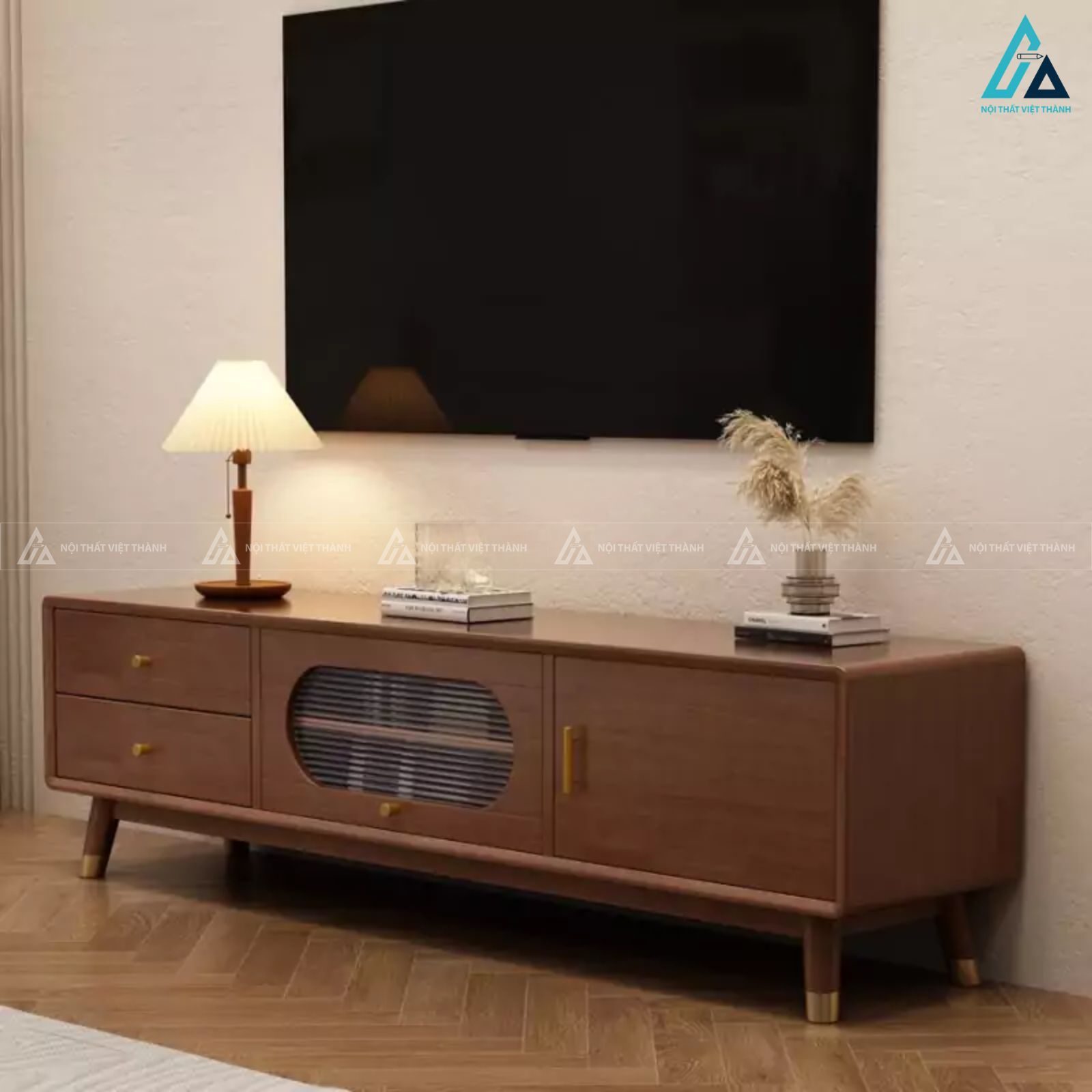 Bộ kệ tivi kết hợp tủ trang trí gỗ tự nhiên mây mắt cáo 1