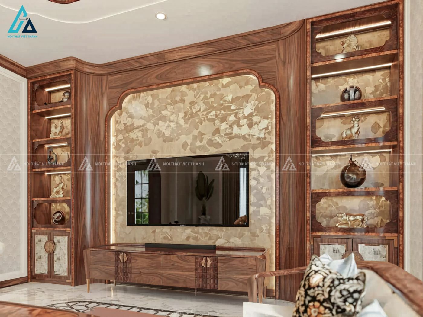 Hệ kệ tivi gỗ tự nhiên kết hợp tủ trang trí sang trọng