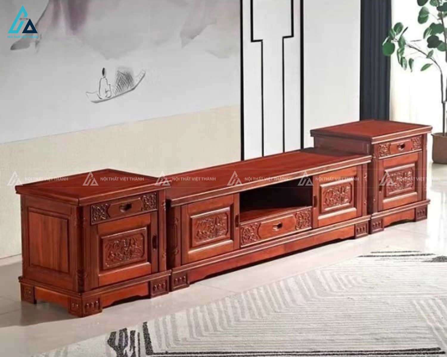 Bộ kệ tivi gỗ tự nhiên chạm khắc hoa văn cổ điển sang trọng 2