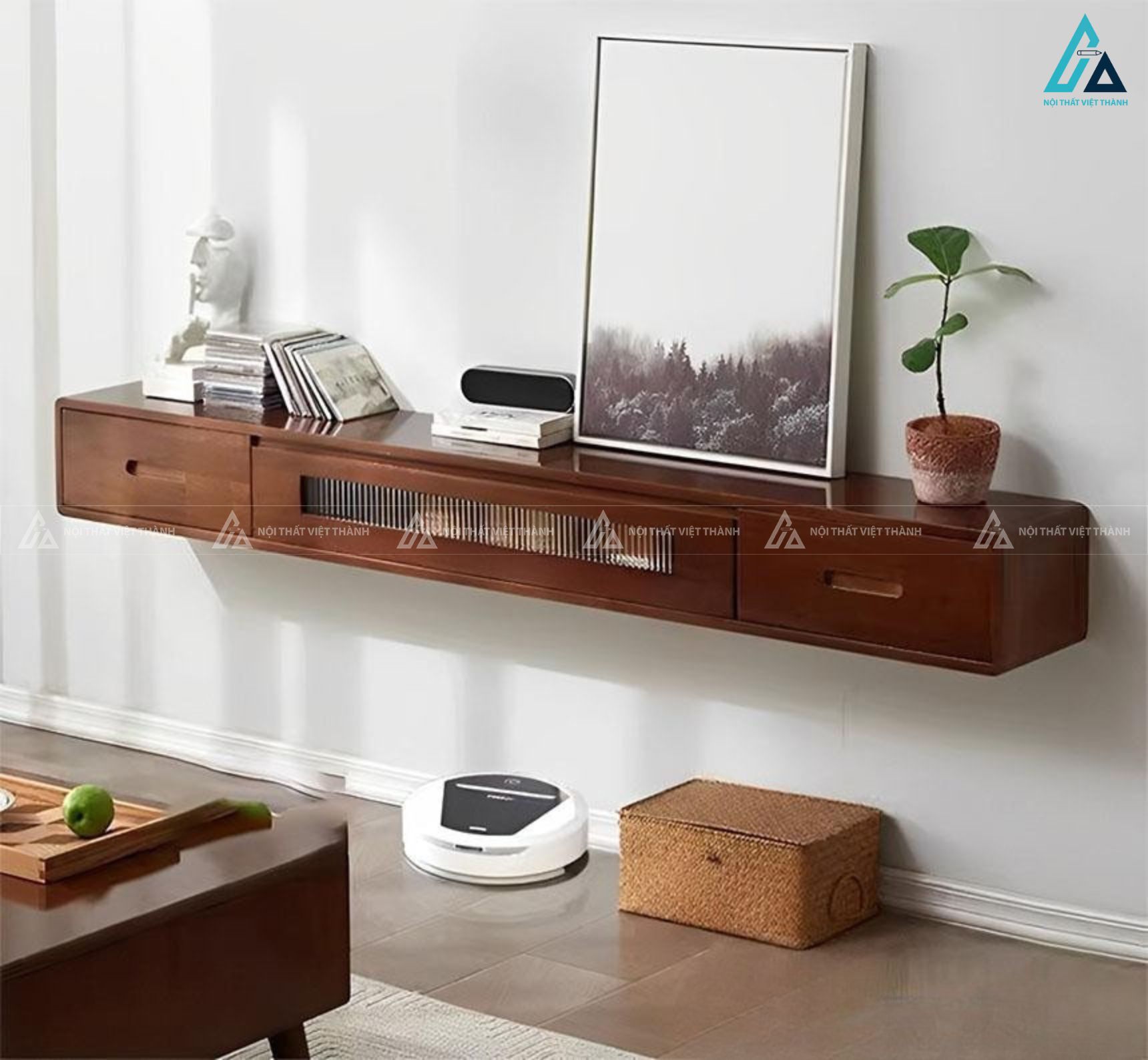Kệ tivi treo tường gỗ tự nhiên kết hợp ngăn kéo tiện lợi 1