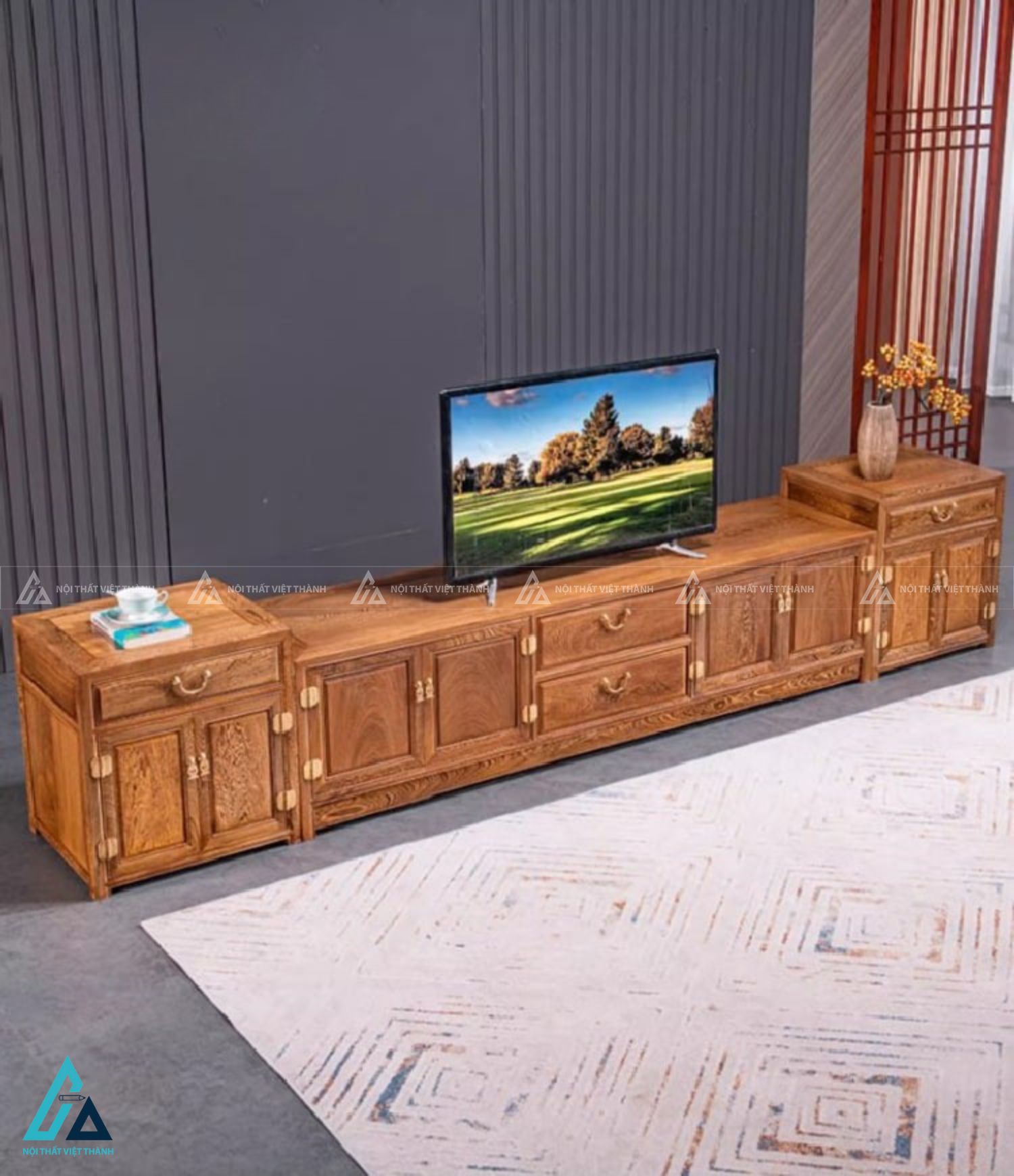 Bộ kệ tivi gỗ tự nhiên kết hợp tủ đứng sang trọng đẳng cấp 2