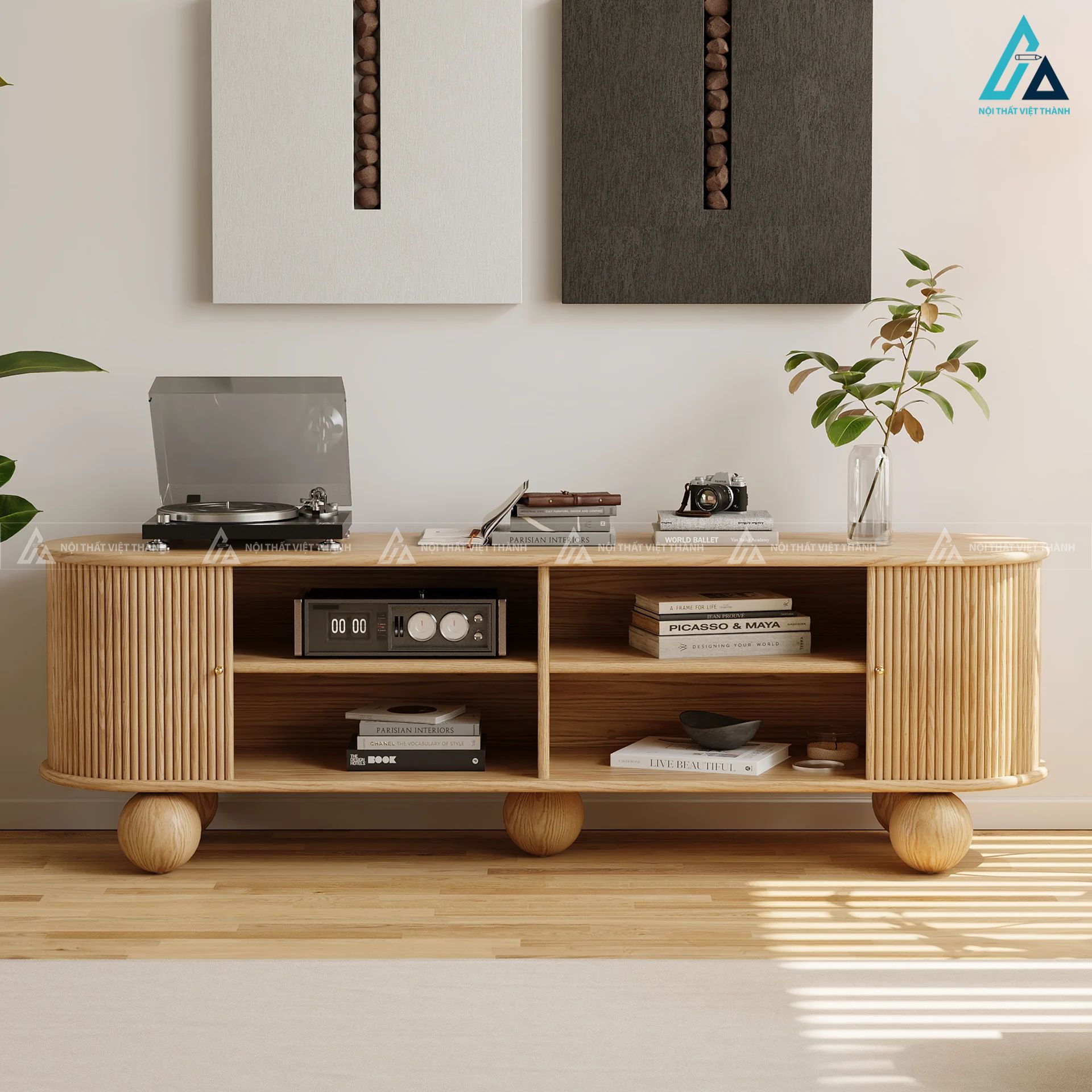 Kệ tivi gỗ tự nhiên chân tròn thiết kế bo cong độc đáo