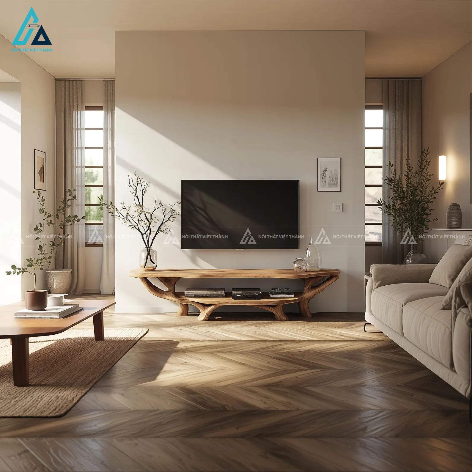 Kệ tivi gỗ tự nhiên thiết kế kiểu dáng chân cây nghệ thuật 2