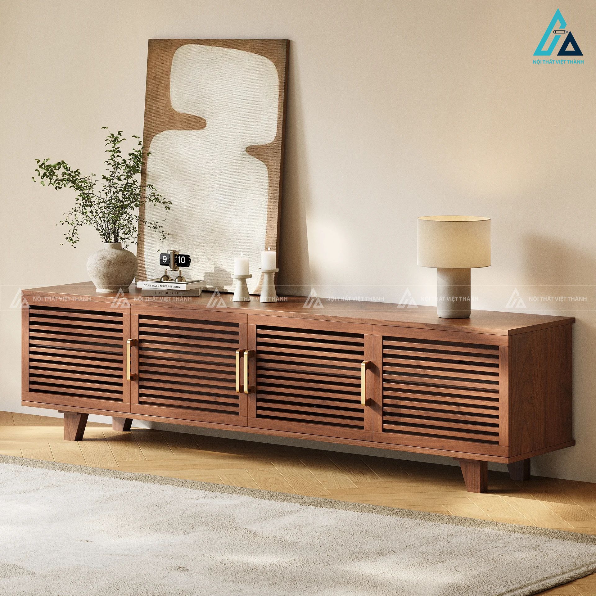 Kệ tivi gỗ tự nhiên cánh nan ngang tích hợp đèn led hiện đại 3