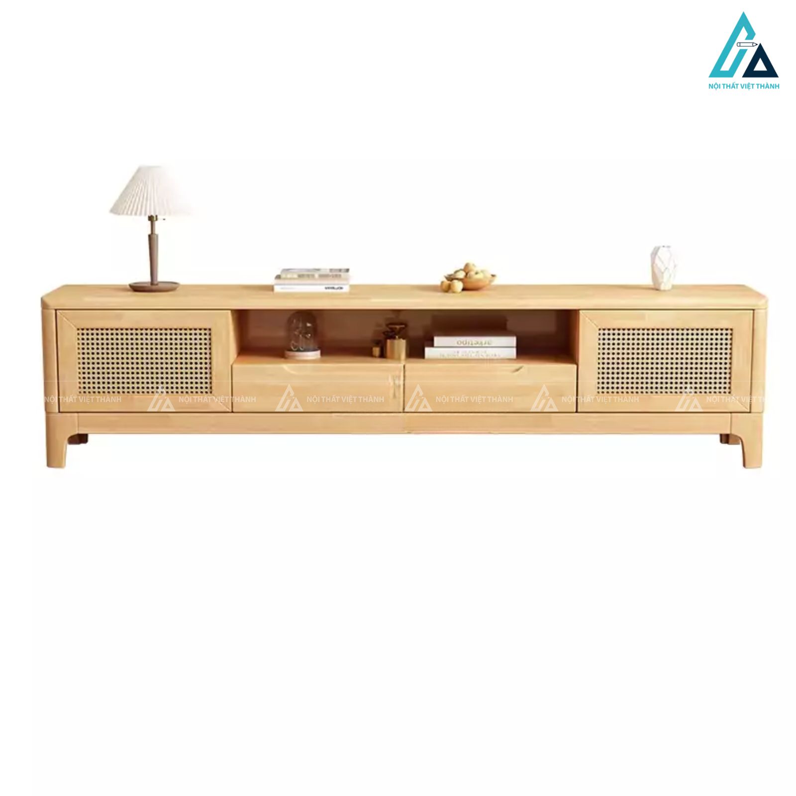 Kệ tivi gỗ tự nhiên kết hợp mây tre phong cách bắc âu sang trọng 2