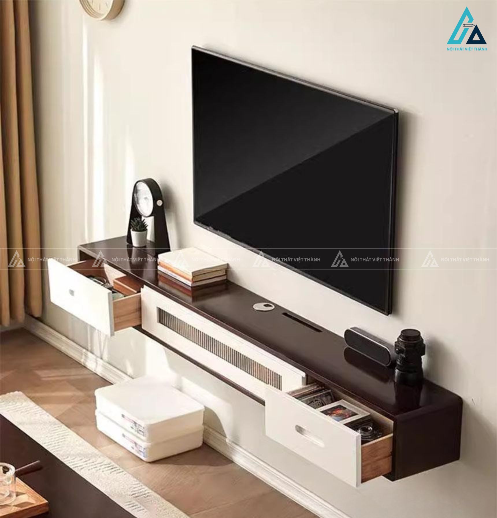 Kệ tivi treo tường gỗ tự nhiên kết hợp ngăn kéo tiện lợi 2