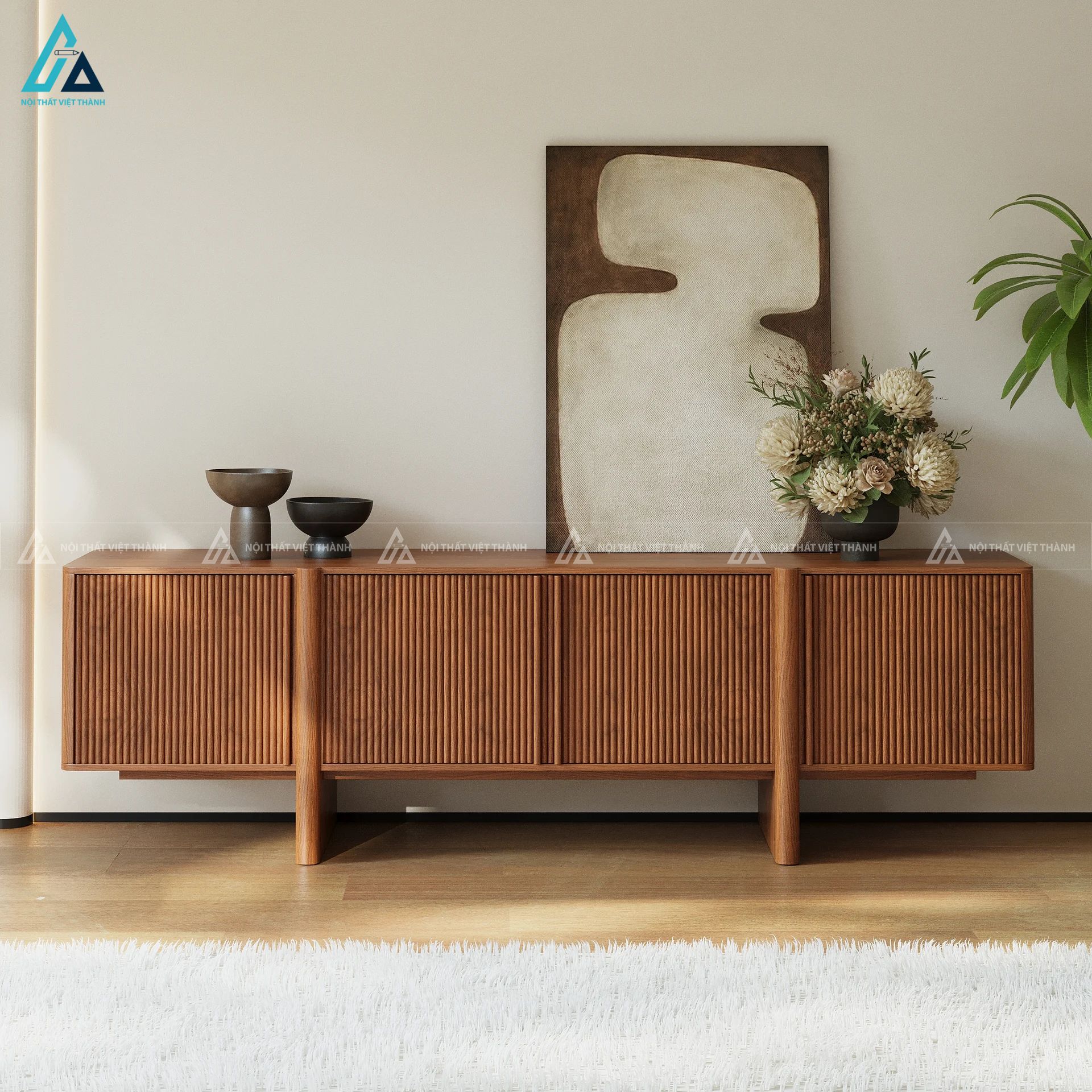 Kệ tivi gỗ tự nhiên thiết kế cánh nan dọc sang trọng đẳng cấp