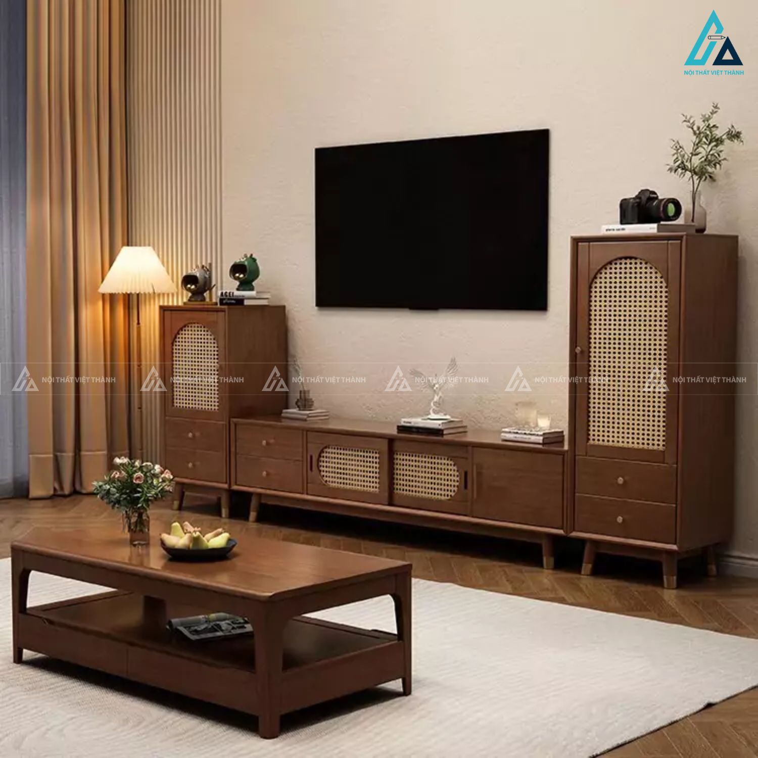 Bộ kệ tivi kết hợp tủ trang trí gỗ tự nhiên mây mắt cáo 2