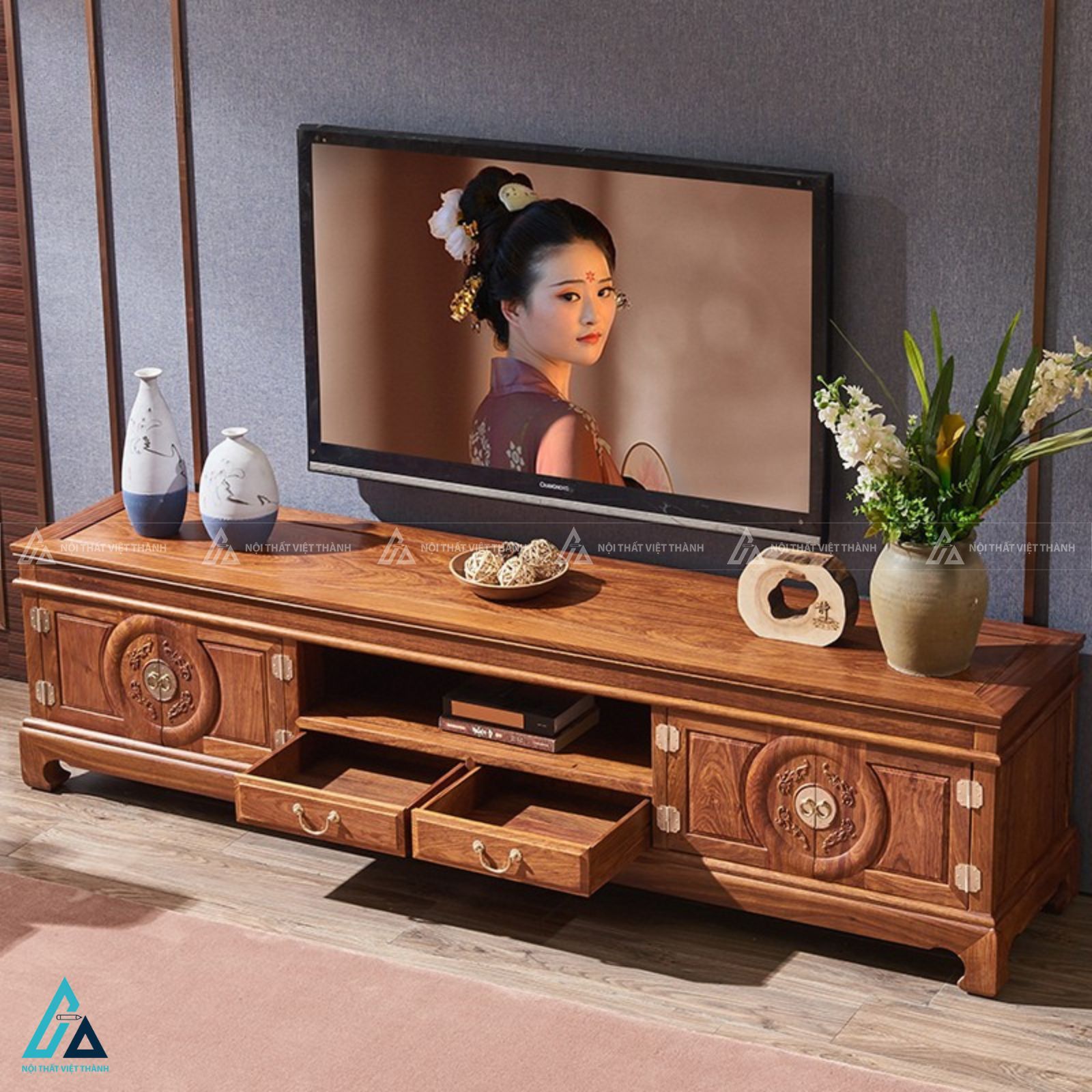 Kệ tivi gỗ tự nhiên giả cổ phong cách á đông độc đáo 2