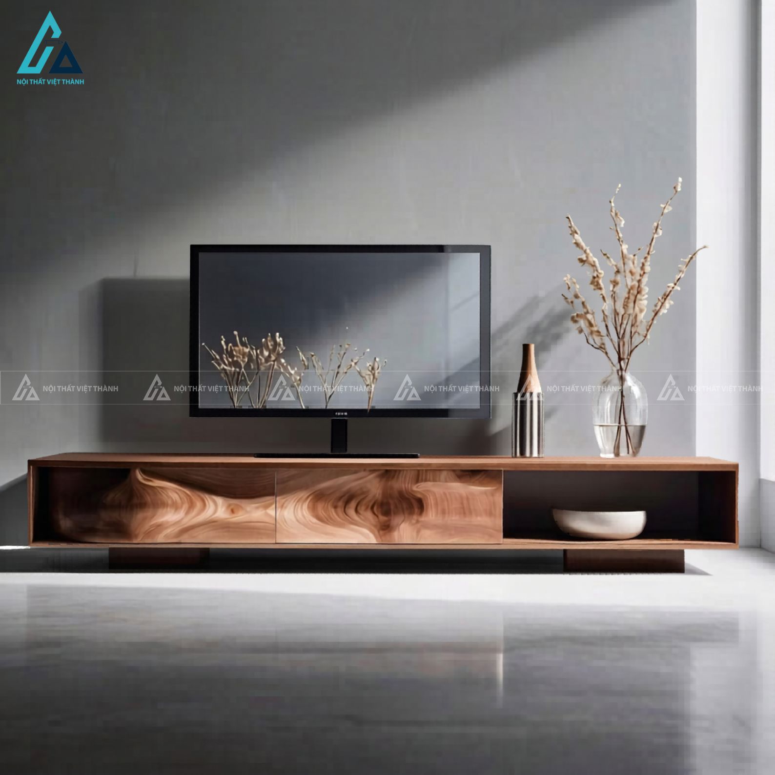 Kệ tivi gỗ tự nhiên thiết kế dáng thấp hiện đại tiện nghi