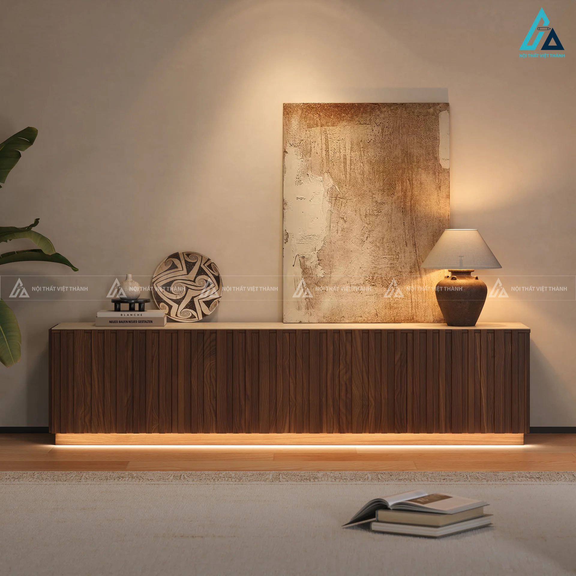 Kệ tivi gỗ tự nhiên thiết kế tủ bệt hiện đại có đèn led decor