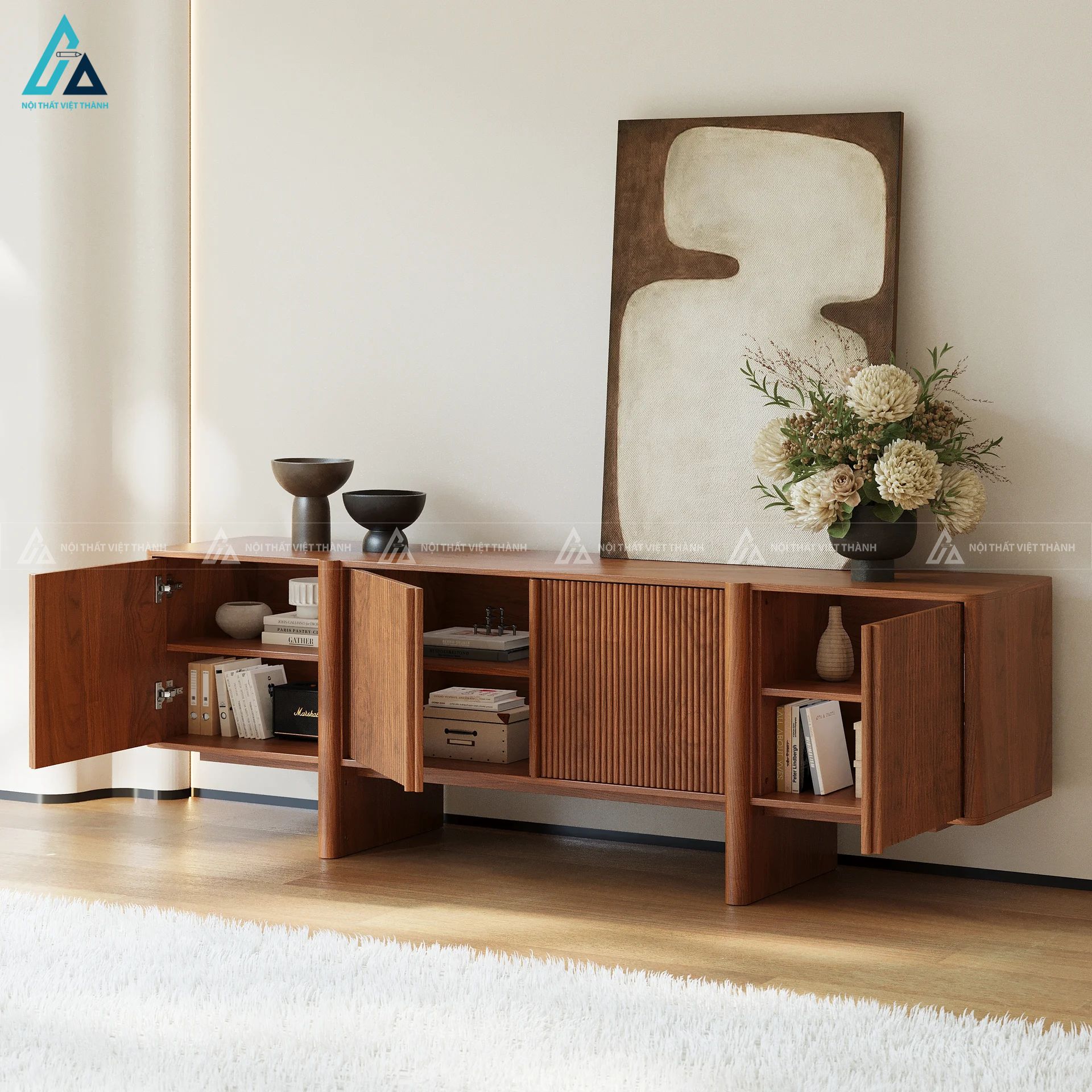Kệ tivi gỗ tự nhiên thiết kế cánh nan dọc sang trọng đẳng cấp 3