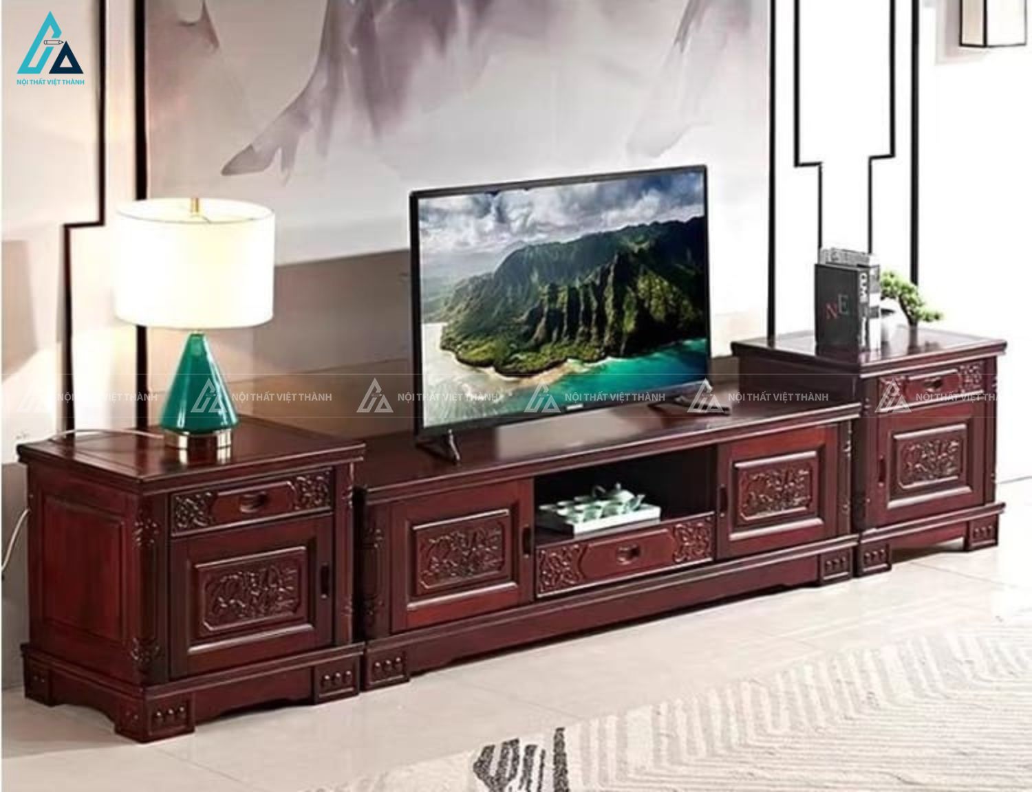 Bộ kệ tivi gỗ tự nhiên chạm khắc hoa văn cổ điển sang trọng 4