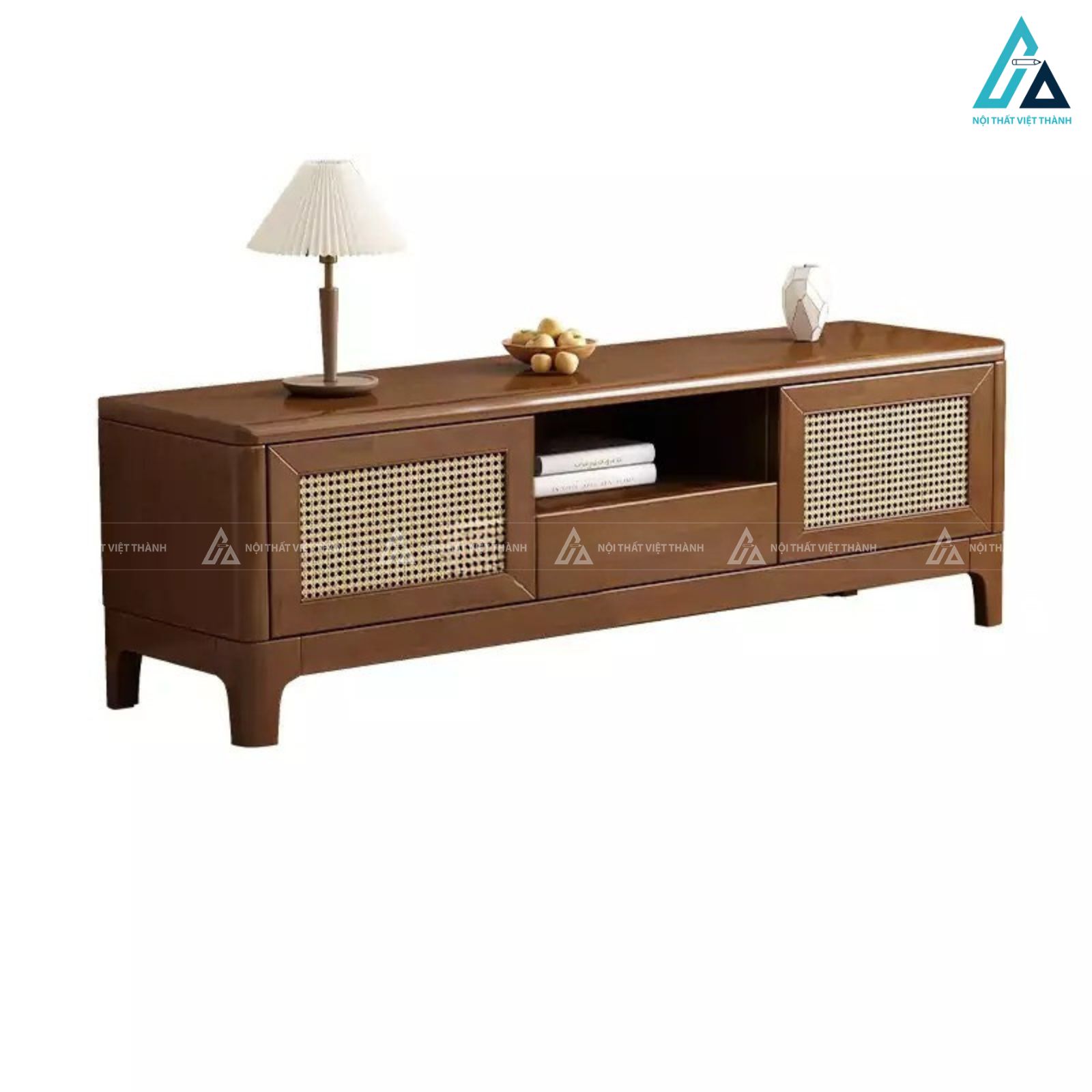 Kệ tivi gỗ tự nhiên kết hợp mây tre phong cách bắc âu sang trọng 3