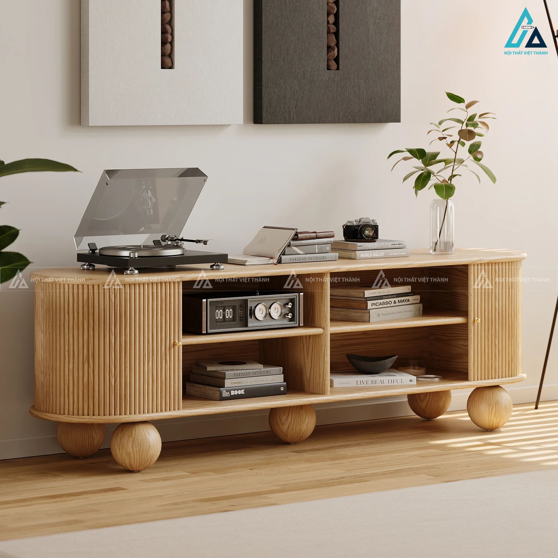 Kệ tivi gỗ tự nhiên chân tròn thiết kế bo cong độc đáo 3