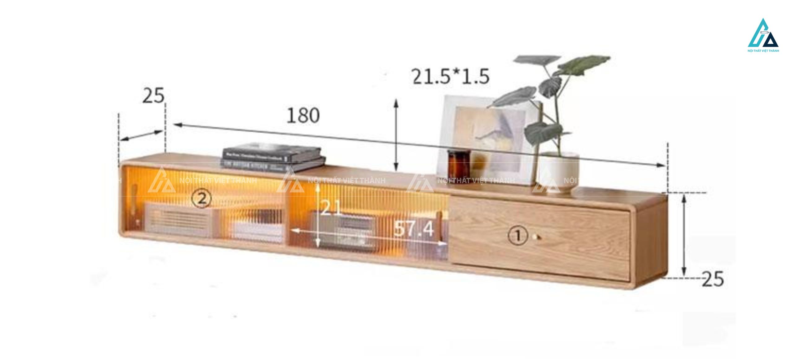 Kệ tivi treo tường gỗ kết hợp kính sọc có đèn led ấn tượng 4