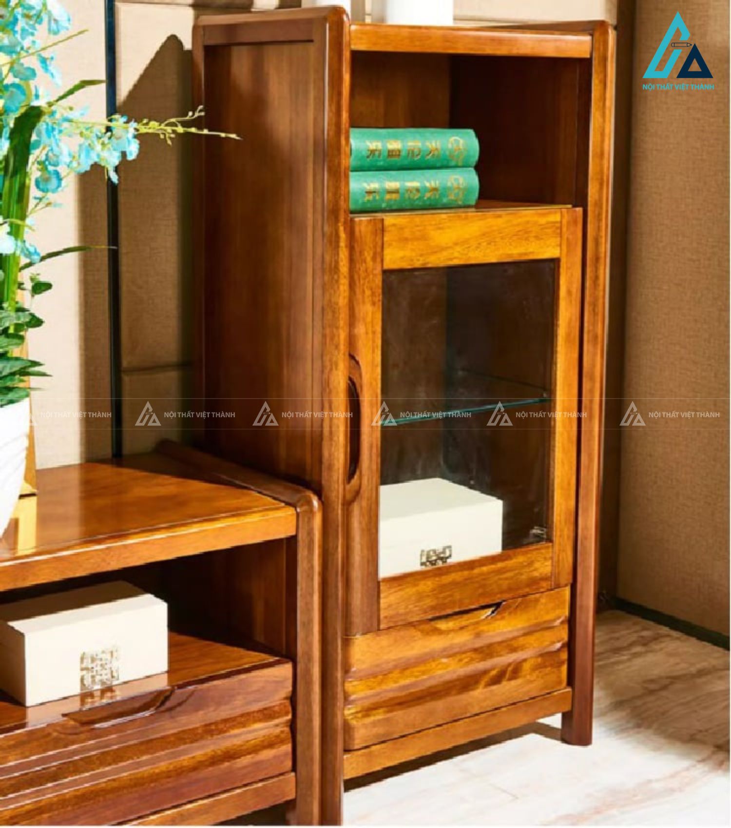 Bộ kệ tivi gỗ tự nhiên kết hợp tủ trang trí sang trọng 4