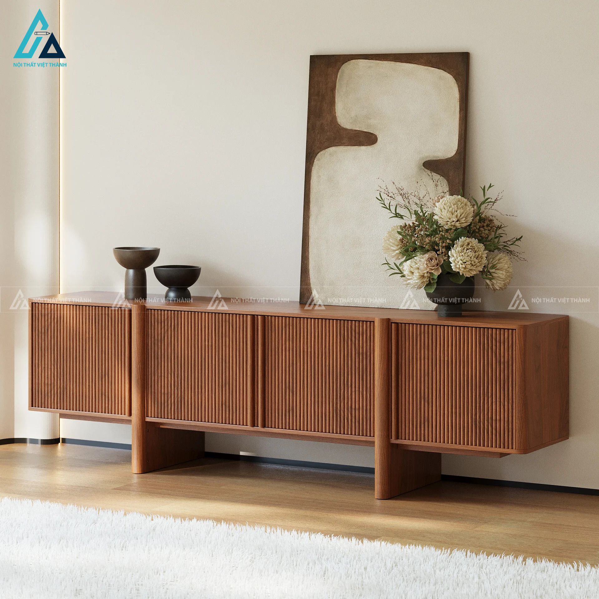 Kệ tivi gỗ tự nhiên thiết kế cánh nan dọc sang trọng đẳng cấp 4