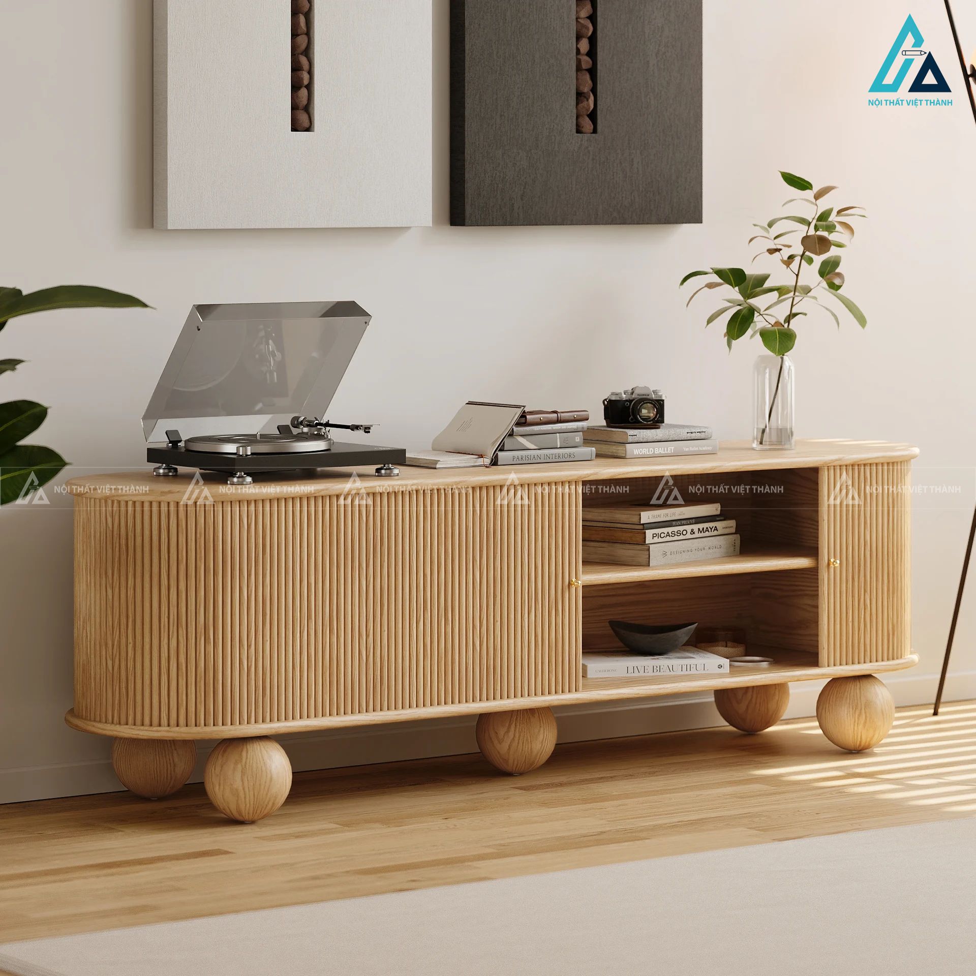Kệ tivi gỗ tự nhiên chân tròn thiết kế bo cong độc đáo 5