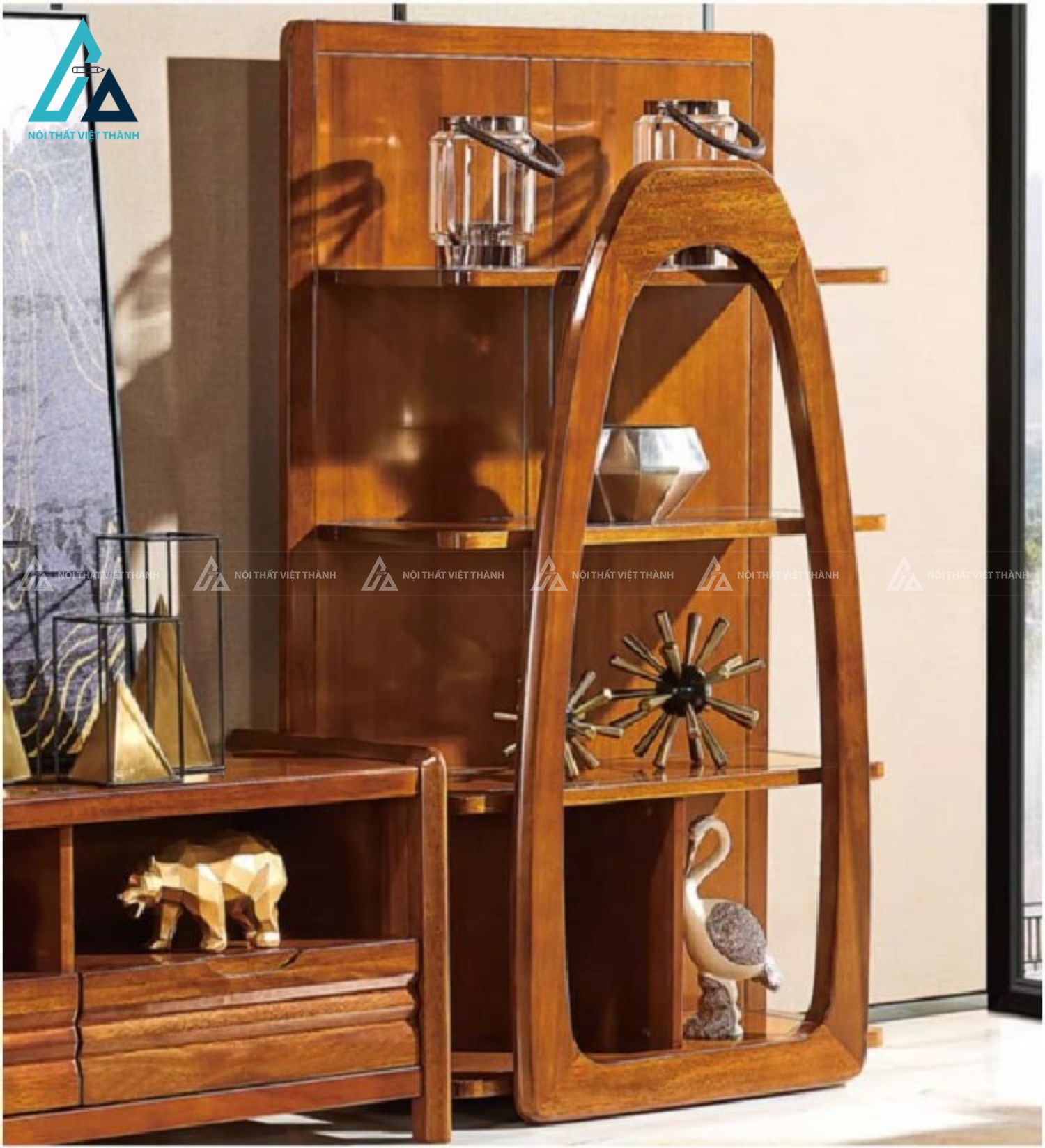 Bộ kệ tivi gỗ tự nhiên kết hợp tủ trang trí sang trọng 5