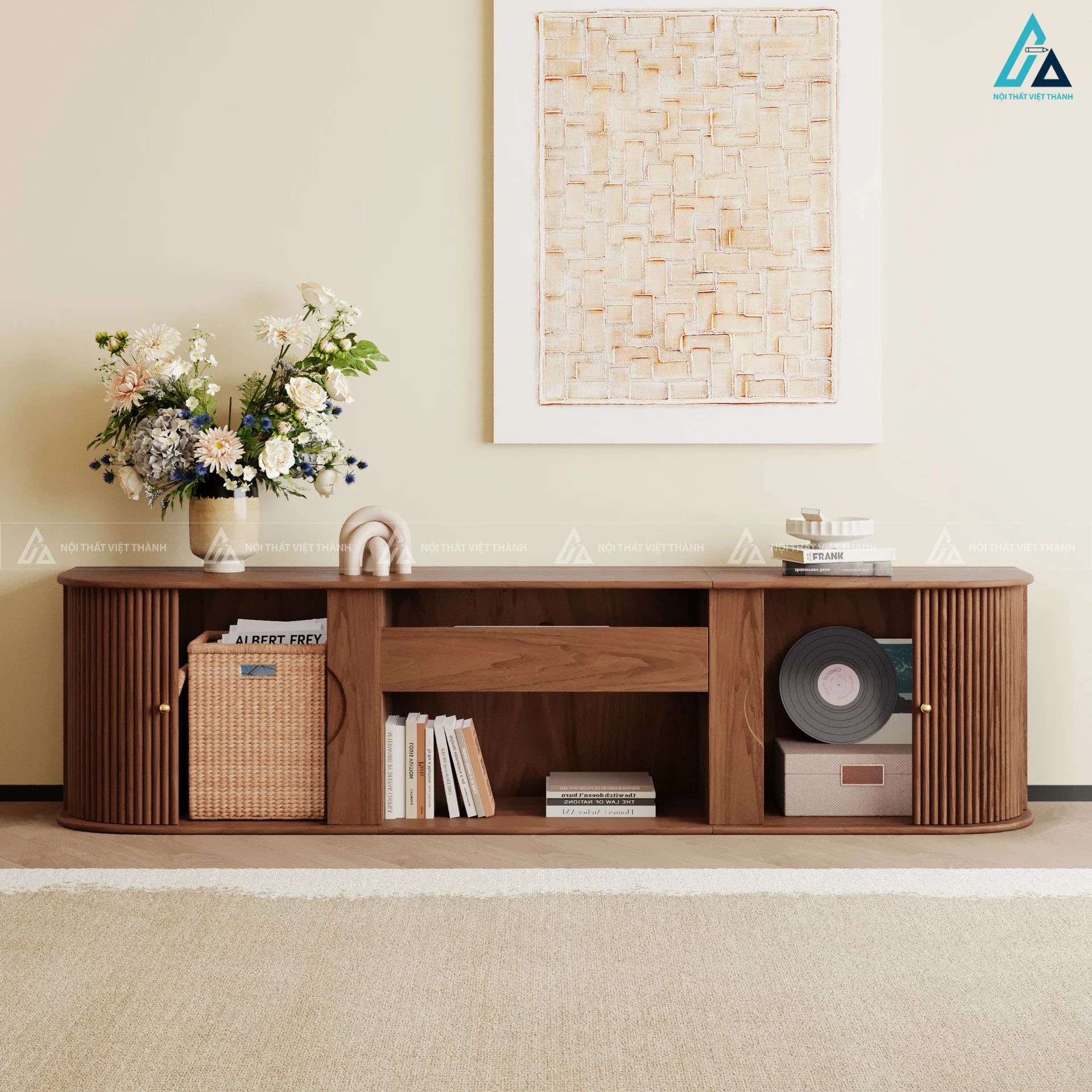 Kệ tivi gỗ tự nhiên thiết kế mở rộng thông minh sang trọng 6