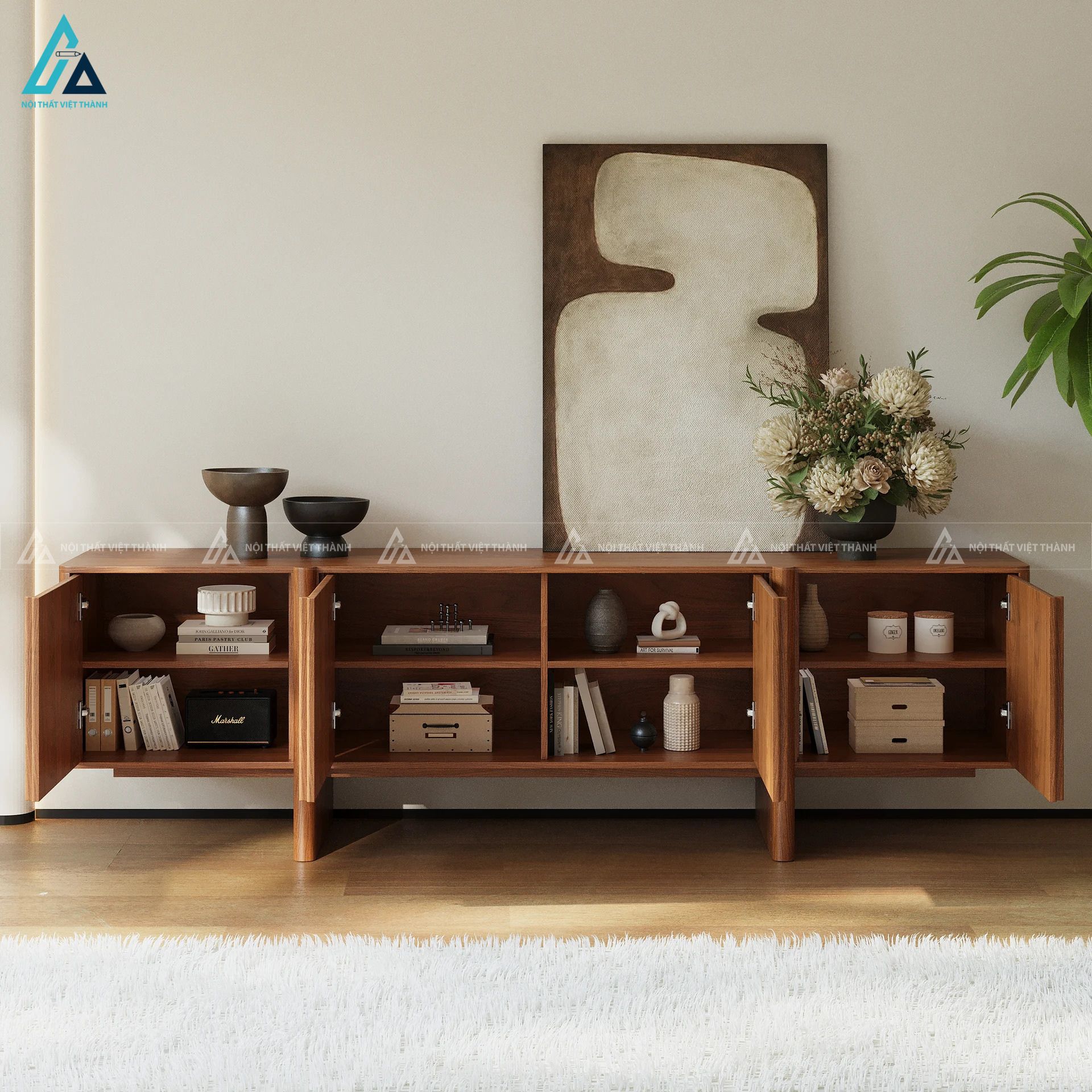 Kệ tivi gỗ tự nhiên thiết kế cánh nan dọc sang trọng đẳng cấp 6