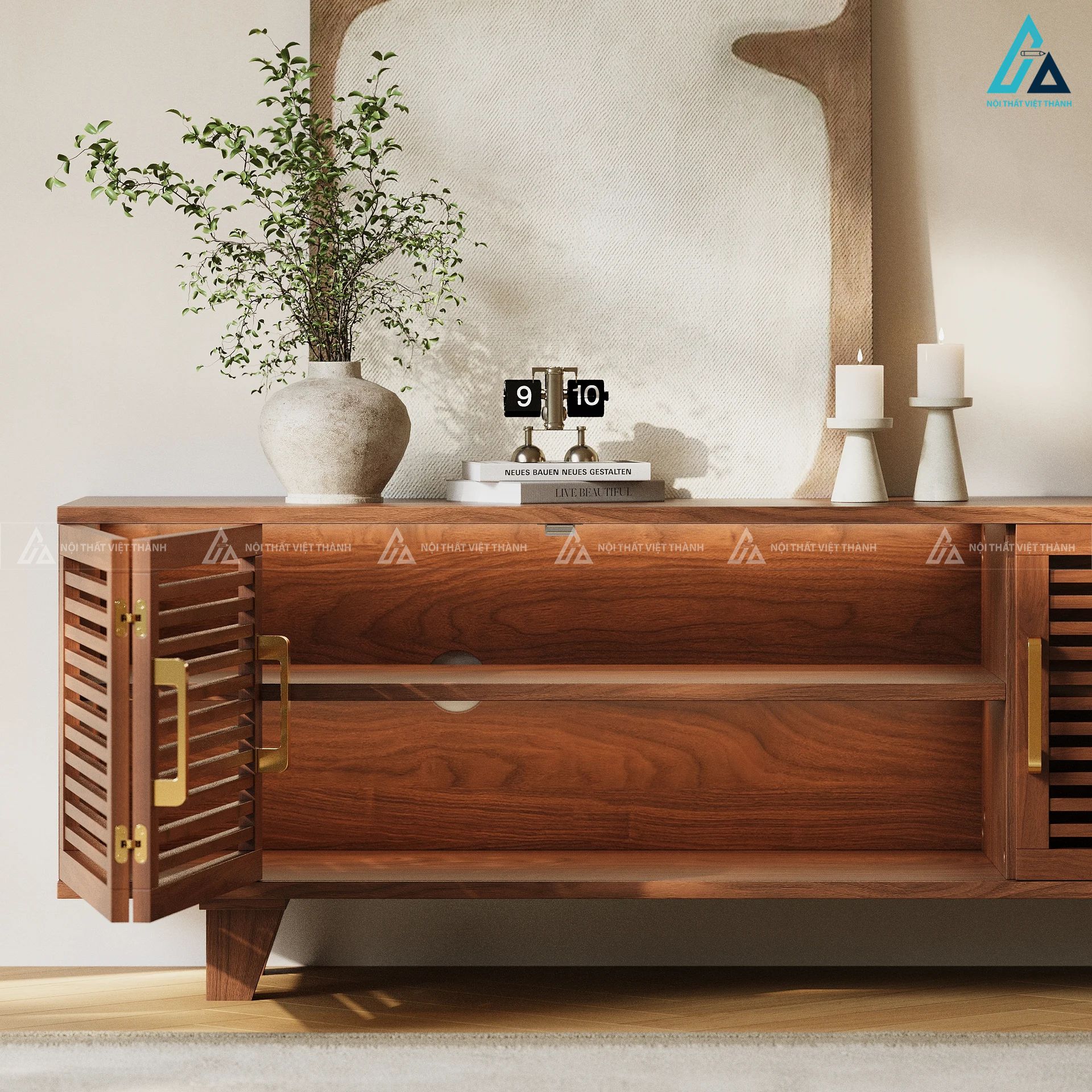 Kệ tivi gỗ tự nhiên cánh nan ngang tích hợp đèn led hiện đại 7