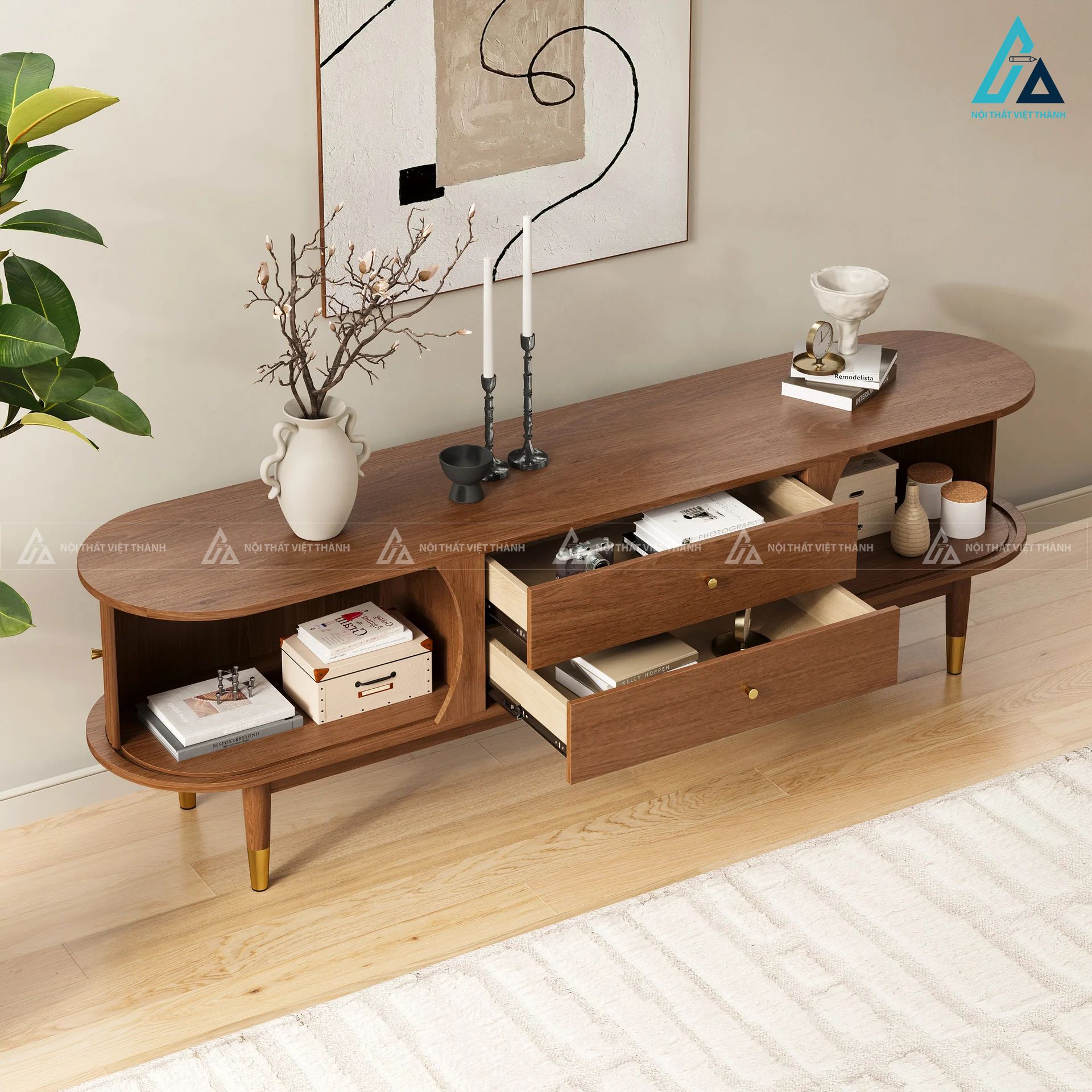 Kệ tivi gỗ tự nhiên thiết kế bo cong hiện đại sang trọng 6