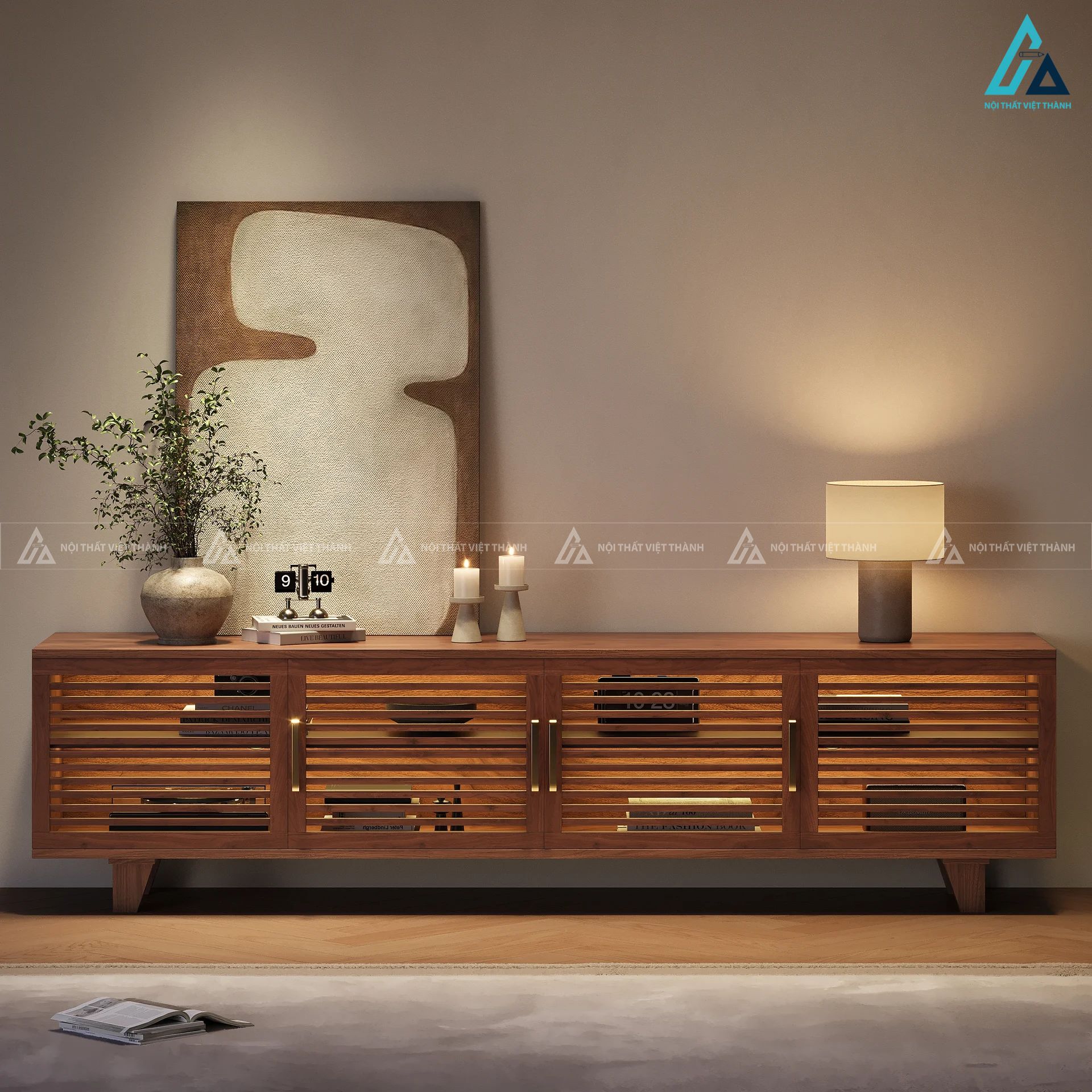 Kệ tivi gỗ tự nhiên cánh nan ngang tích hợp đèn led hiện đại