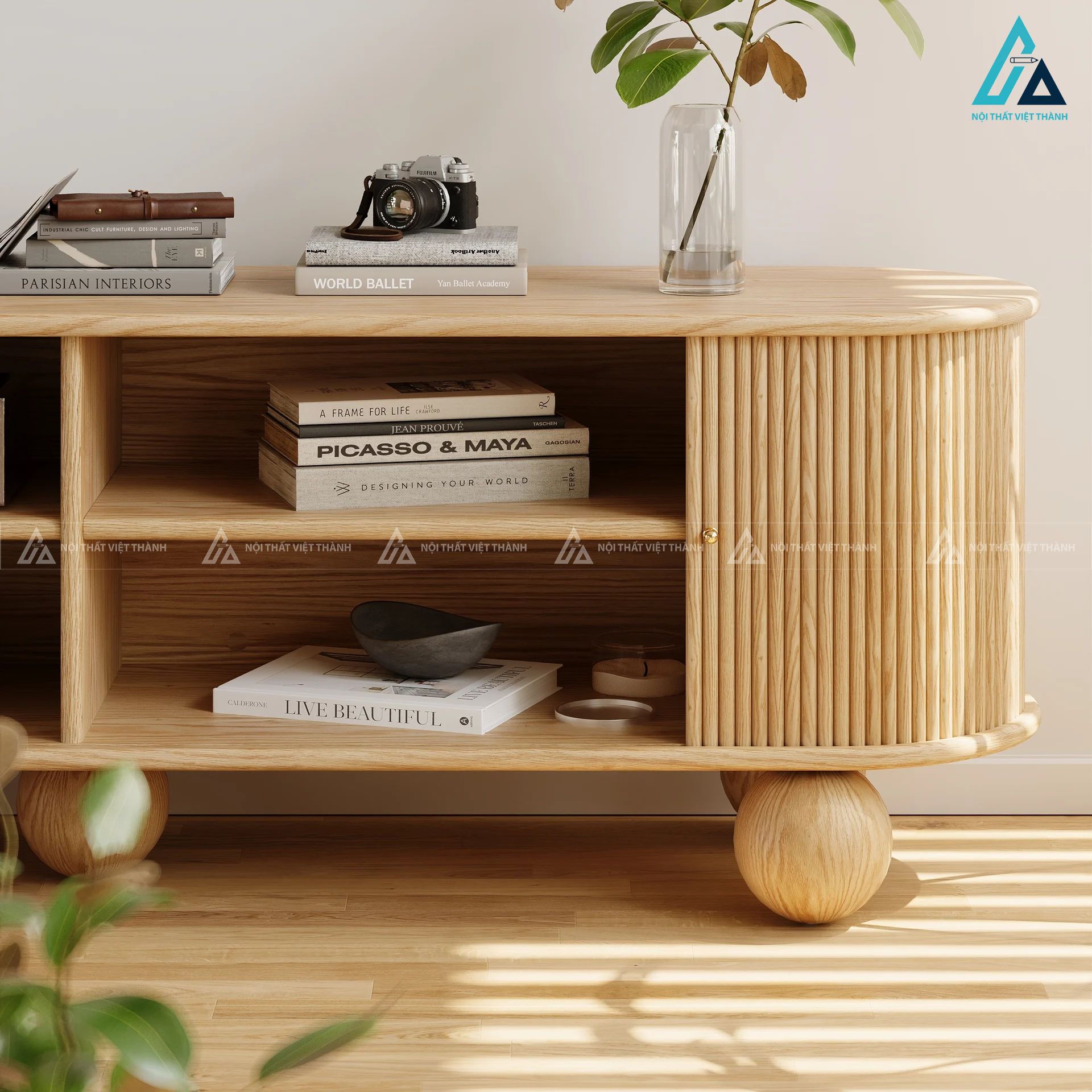 Kệ tivi gỗ tự nhiên chân tròn thiết kế bo cong độc đáo 7