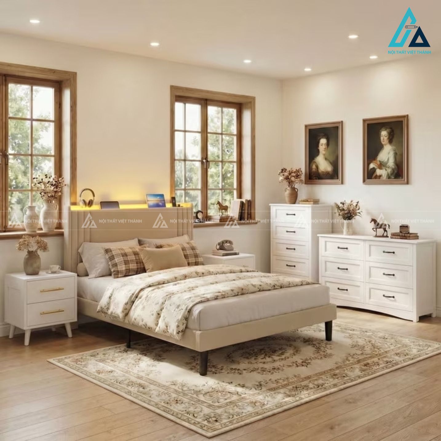 Combo phòng ngủ hiện đại tích hợp đèn led đầu giường tiện nghi