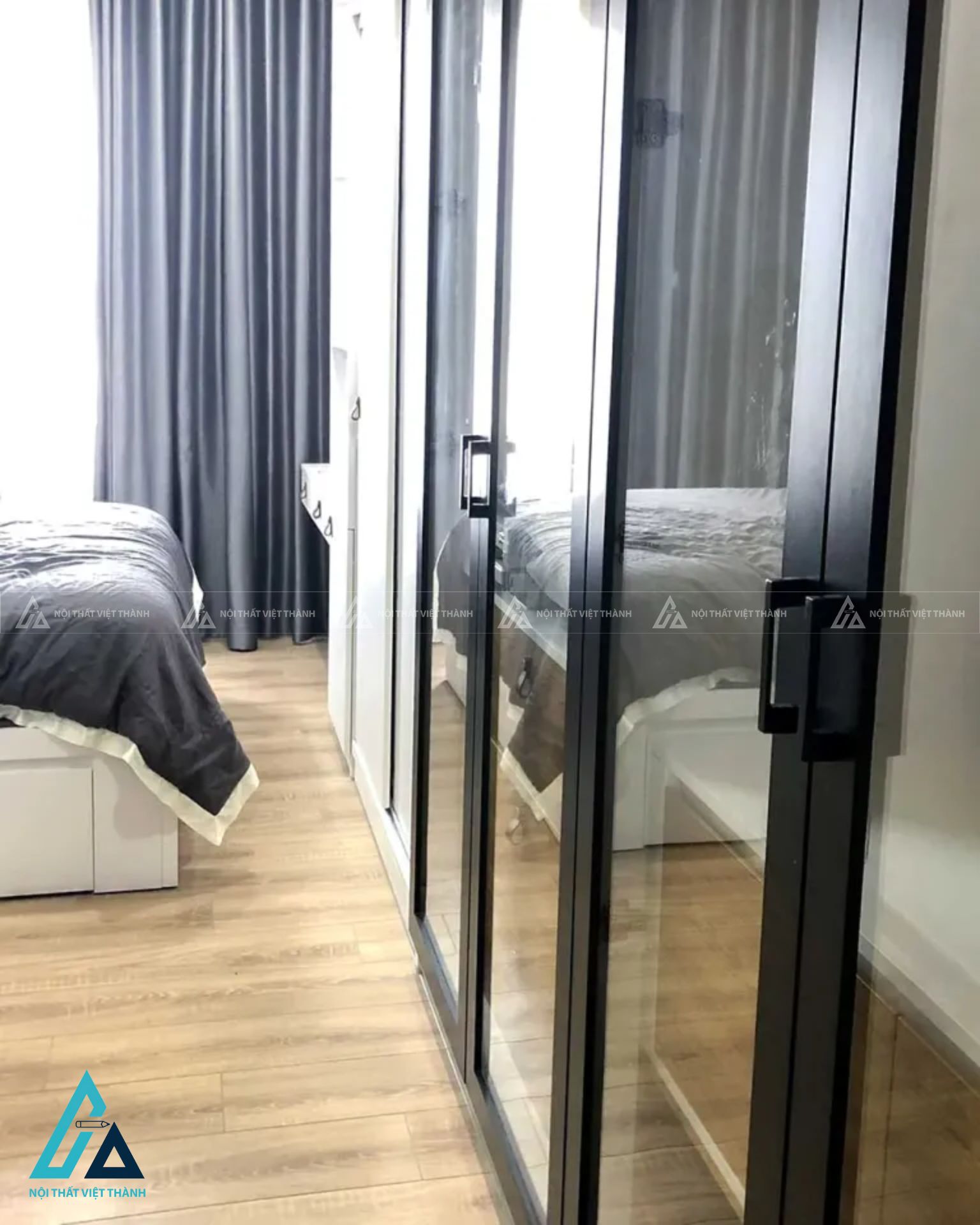 Combo phòng ngủ hiện đại tông trắng xanh tích hợp bàn trang điểm treo tường 1