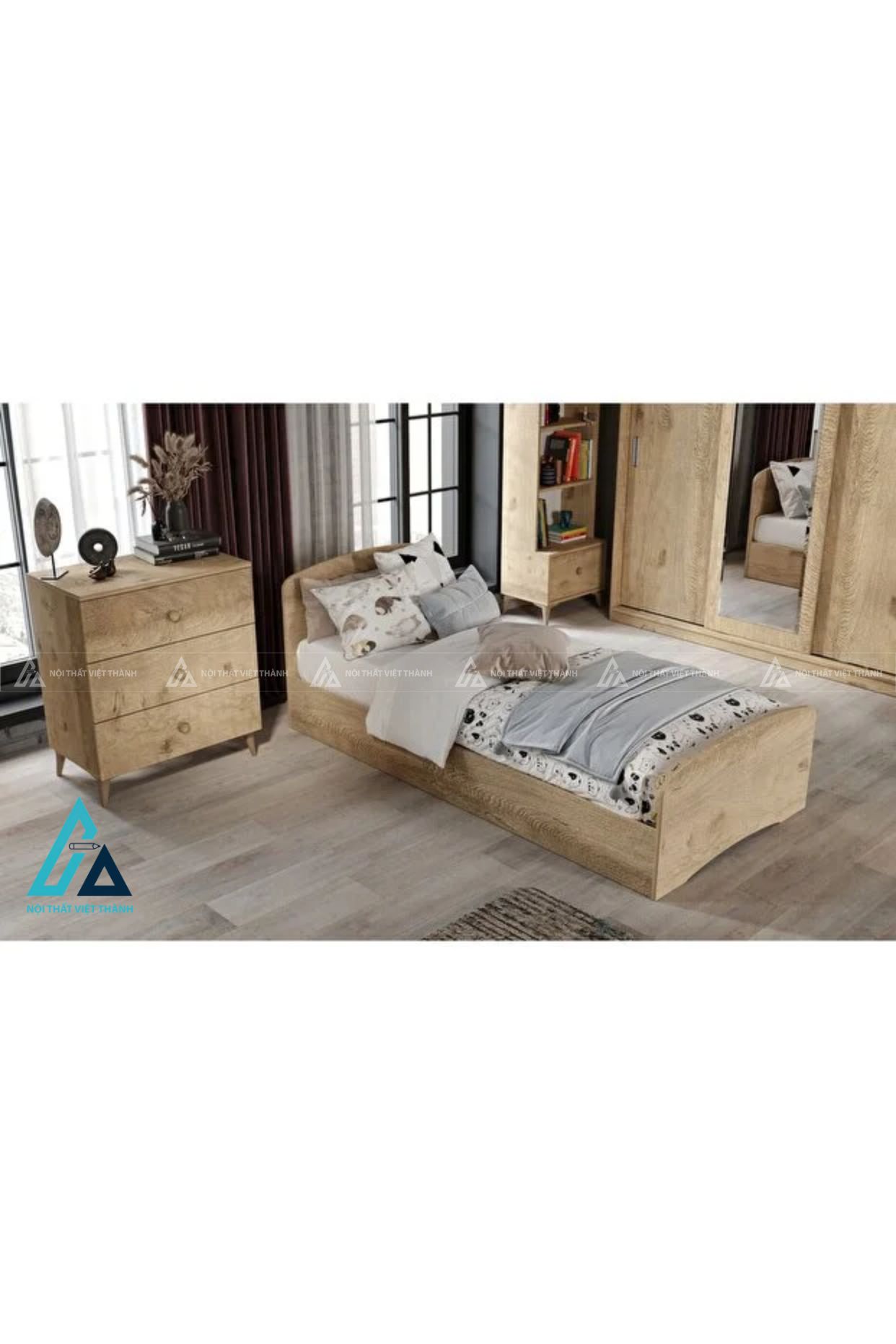 Combo phòng ngủ master thiết kế giường đầu nệm liền vách ốp nan dọc 1