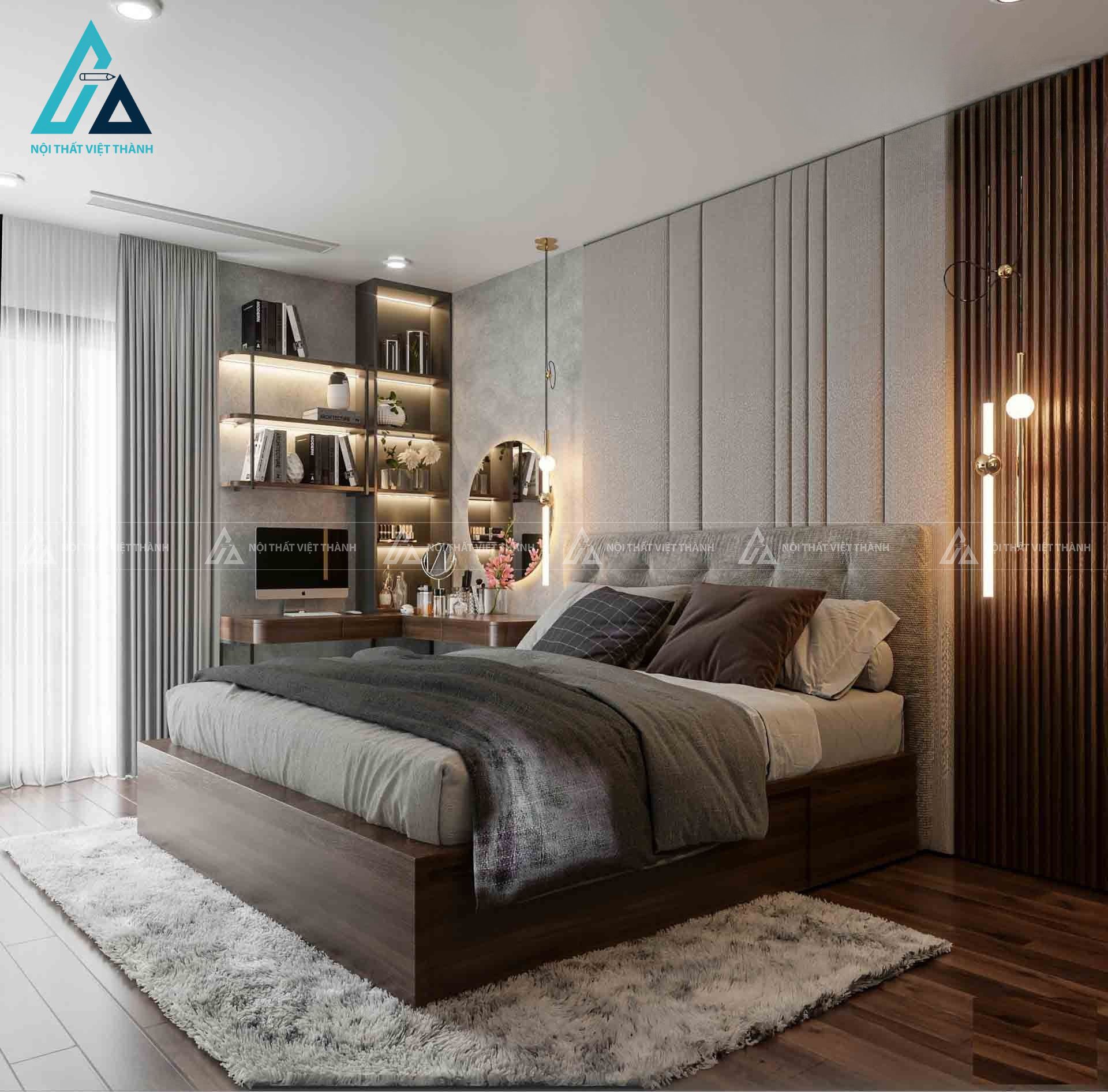 Combo phòng ngủ gỗ hiện đại sang trọng tích hợp tủ áo cánh kính