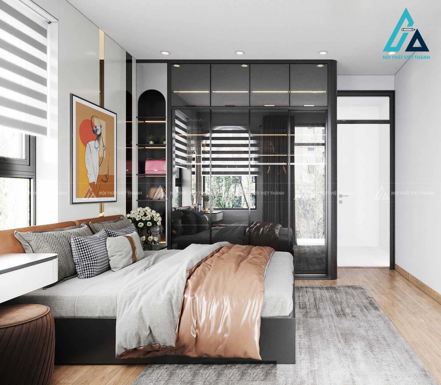 Combo phòng ngủ hiện đại đồng bộ gỗ cao cấp tích hợp tủ áo cánh kính
