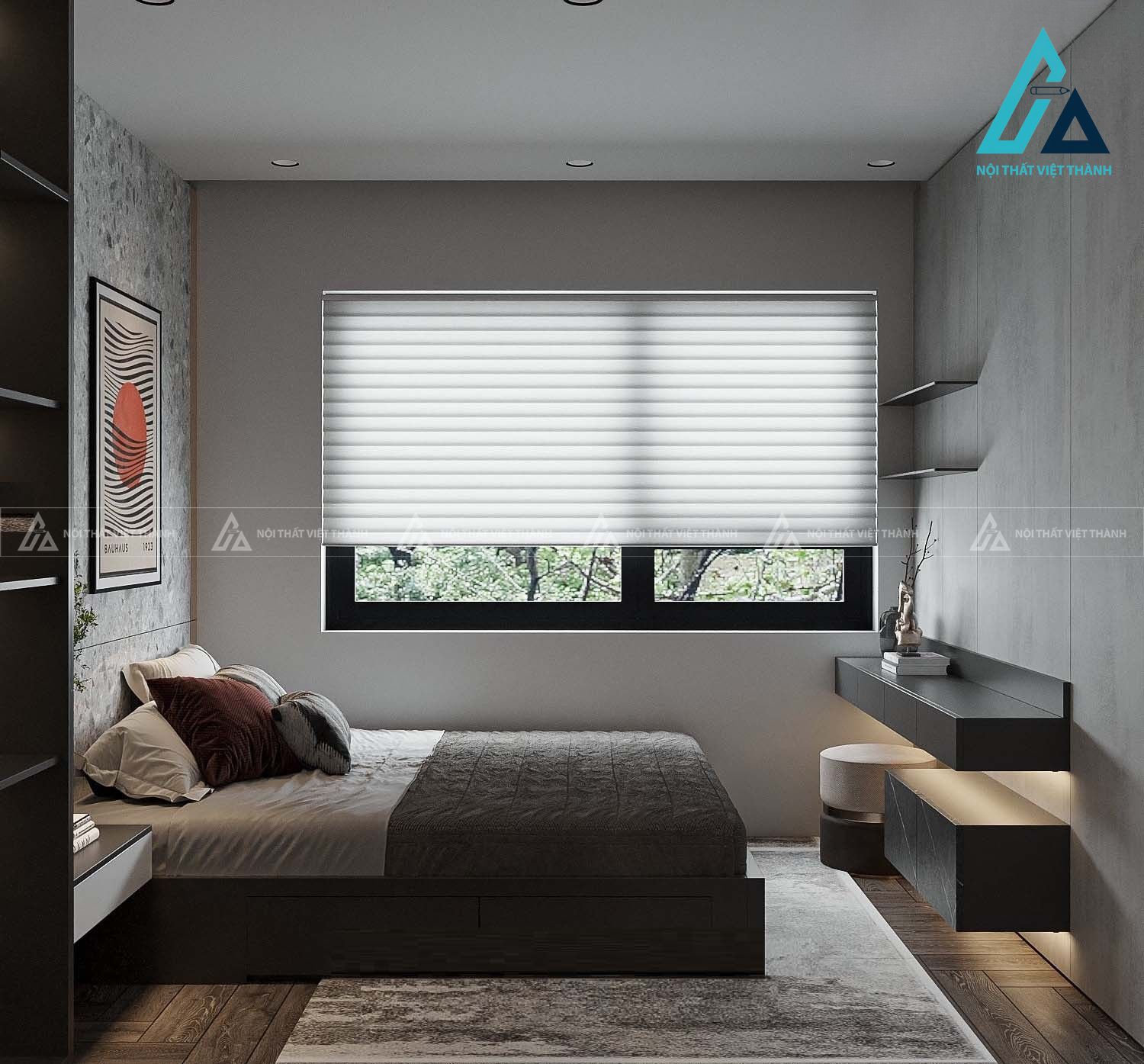 Combo phòng ngủ gỗ tích hợp tủ quần áo cánh kính đèn led sang trọng 1