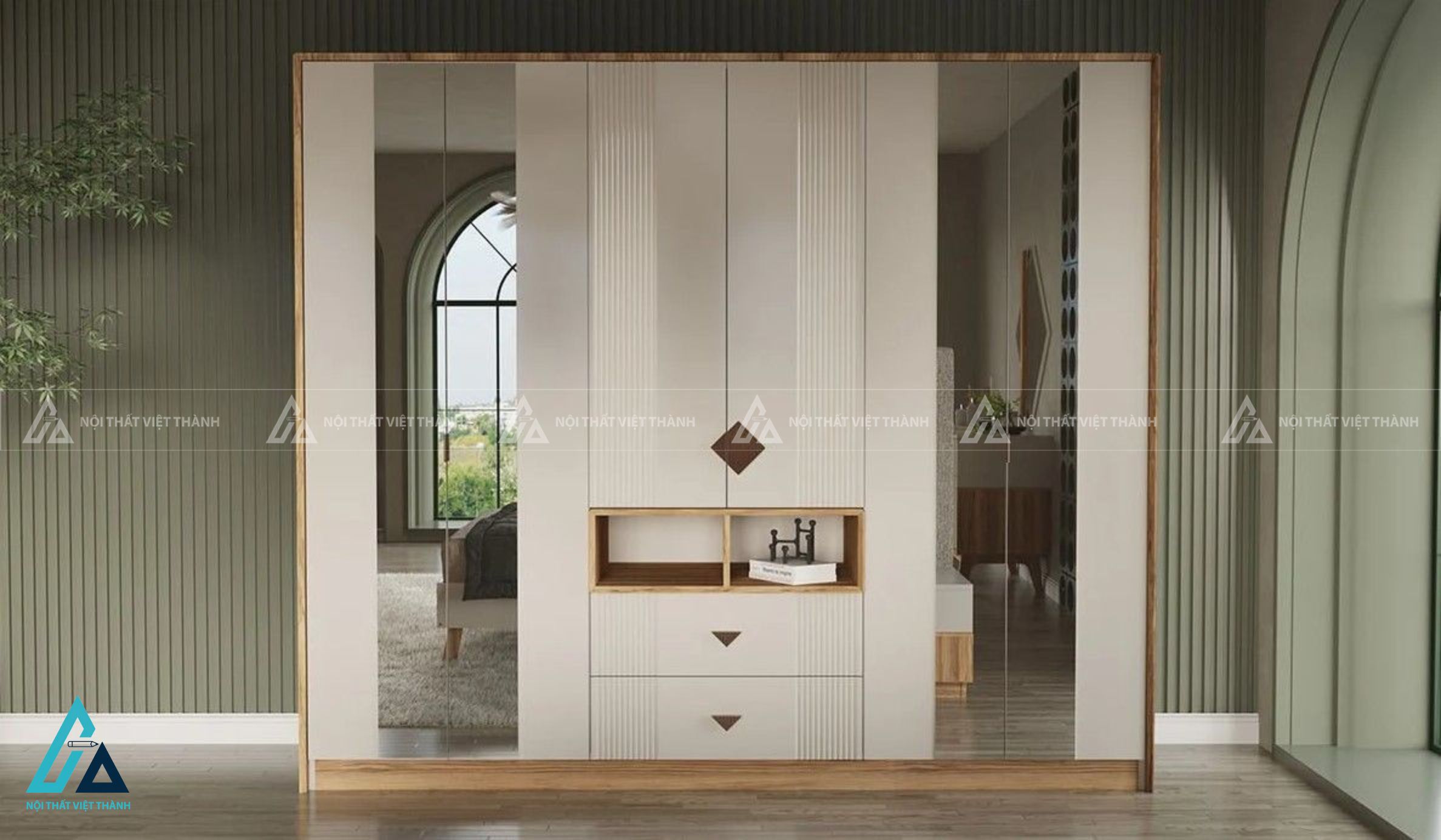 Combo phòng ngủ gỗ hiện đại tích hợp tủ áo cánh gương và tủ ngăn kéo 1