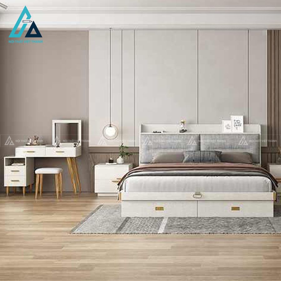 Combo phòng ngủ gỗ hiện đại tích hợp giường có hộc kéo và tủ kịch trần 1