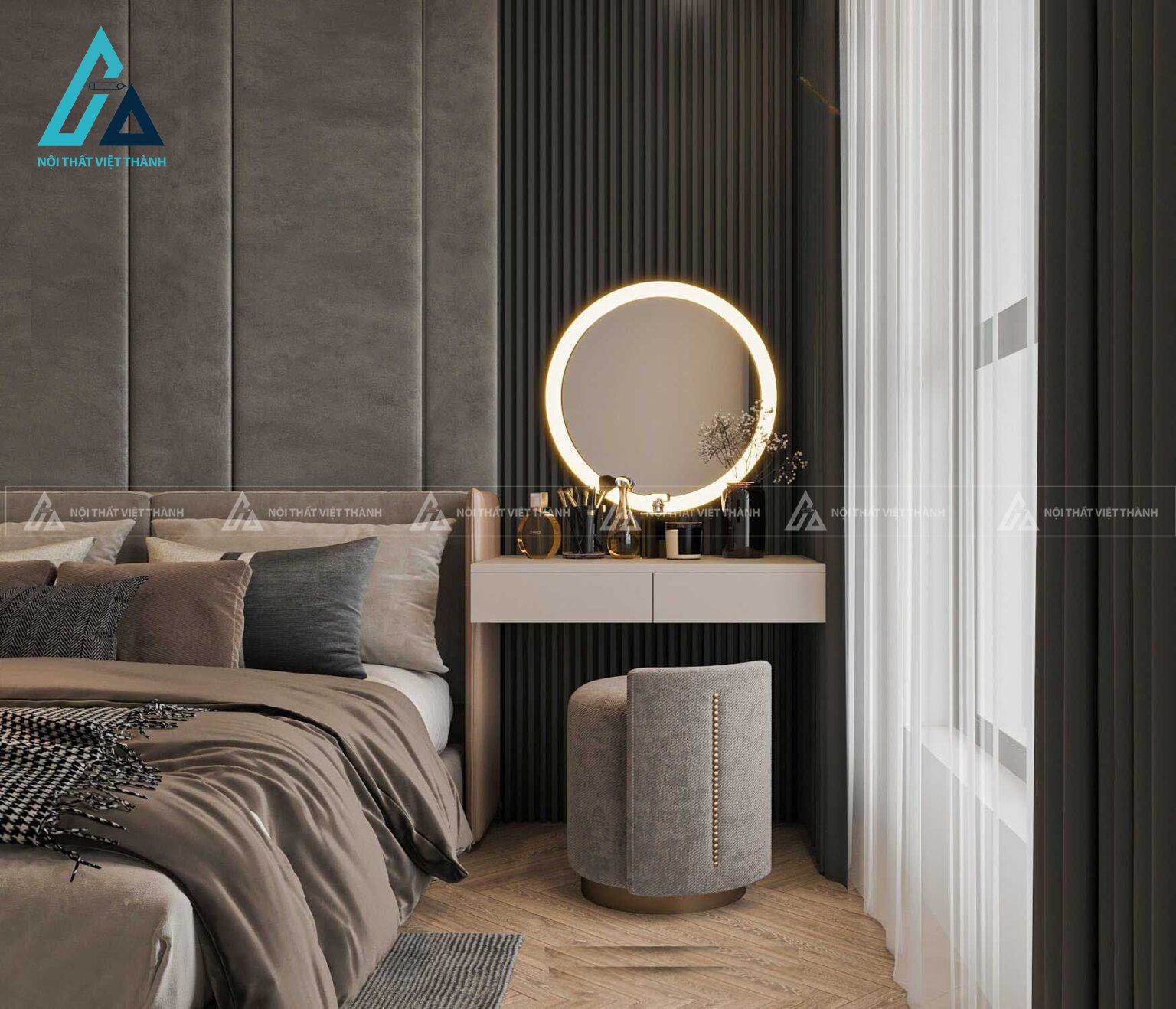 Combo nội thất phòng ngủ đẳng cấp gồm giường bọc da tủ áo cánh kính 1