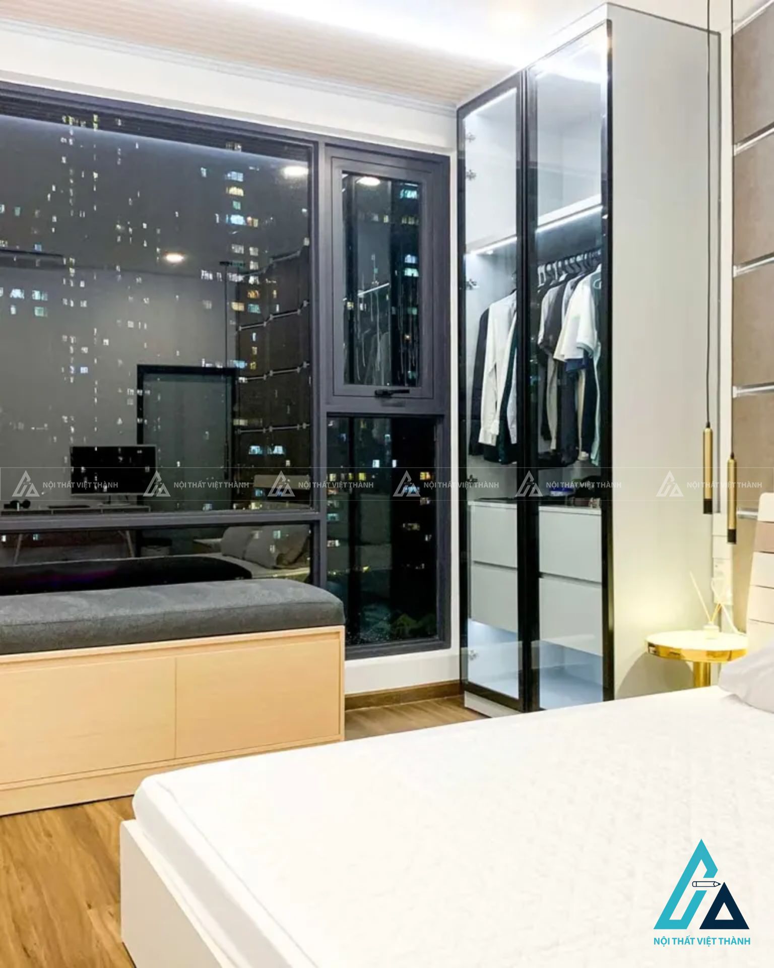 Combo phòng ngủ bắc âu cao cấp tích hợp vách ốp da và tủ cánh kính 2