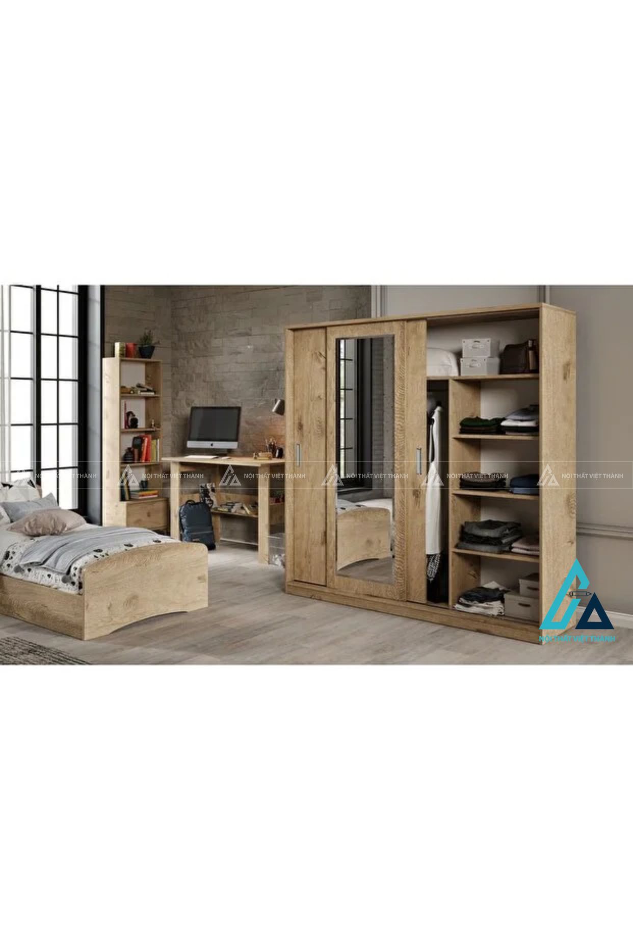 Combo phòng ngủ master thiết kế giường đầu nệm liền vách ốp nan dọc 2
