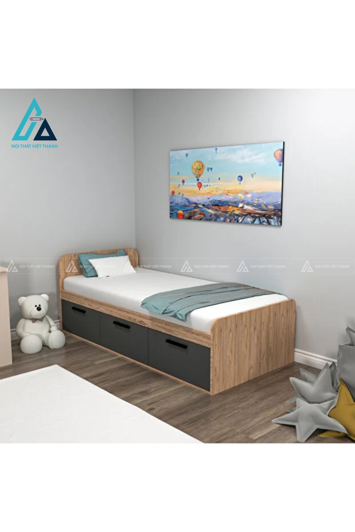 Combo phòng ngủ thiết kế giường hộp ngăn kéo liền bàn học và tủ quần áo 2