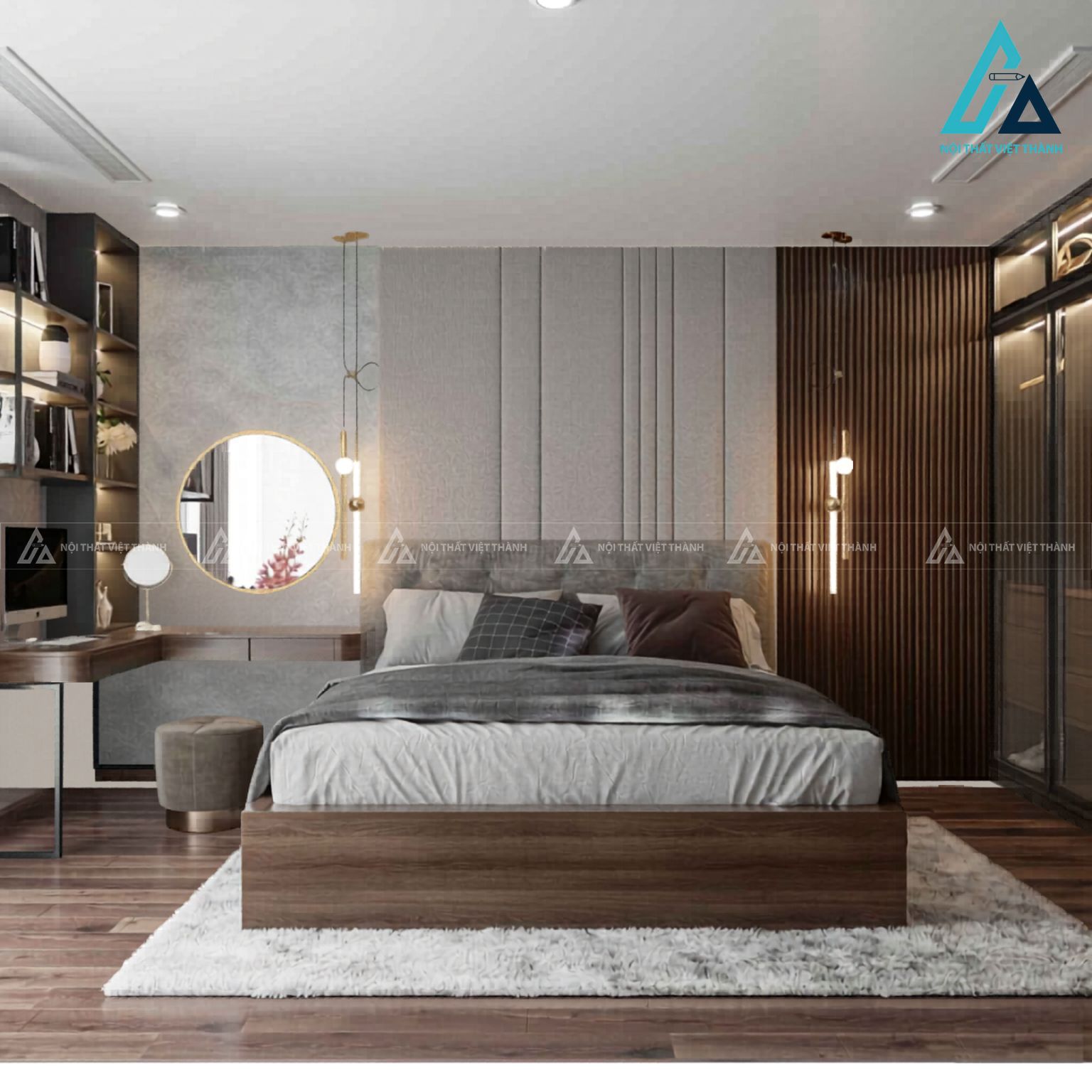 Combo phòng ngủ gỗ hiện đại sang trọng tích hợp tủ áo cánh kính 1