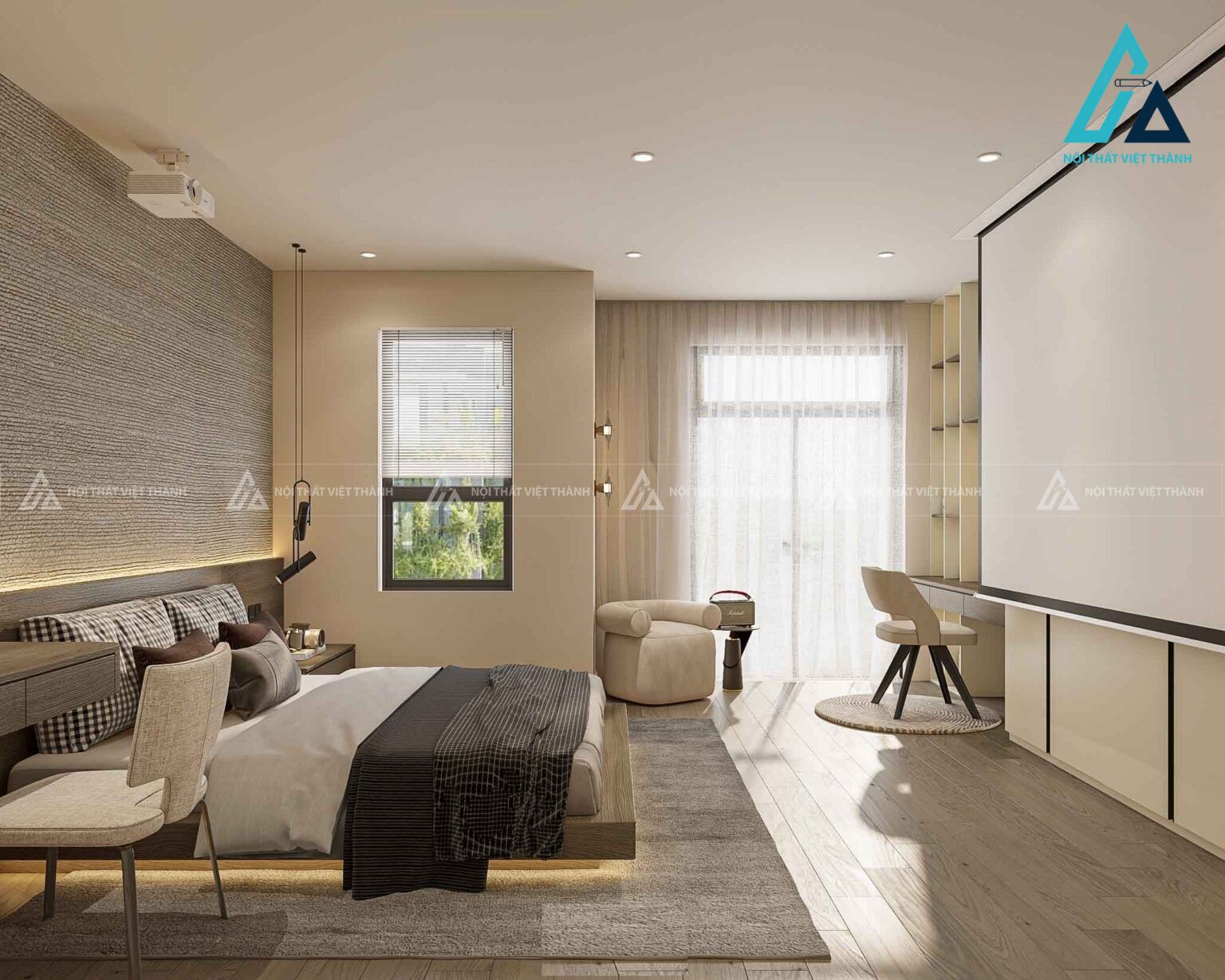 Combo phòng ngủ hiện đại tối giản tích hợp giường ngủ đèn led gầm 2