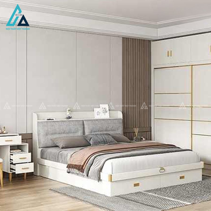 Combo phòng ngủ gỗ hiện đại tích hợp giường có hộc kéo và tủ kịch trần 2