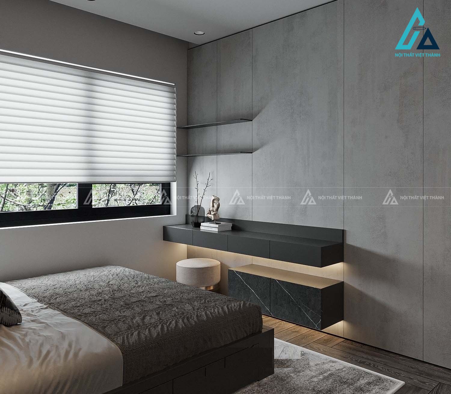 Combo phòng ngủ gỗ tích hợp tủ quần áo cánh kính đèn led sang trọng 2