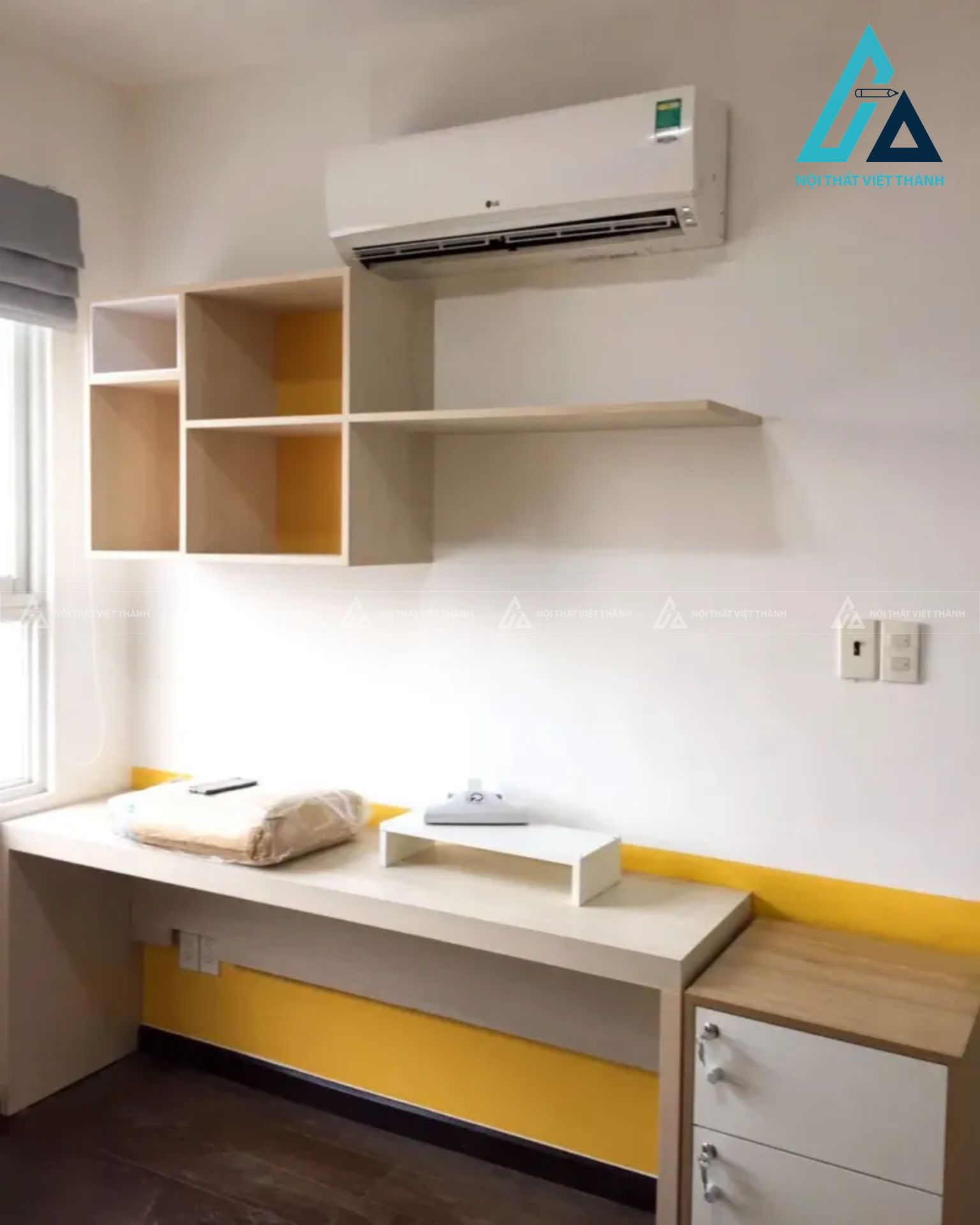 Bộ nội thất phòng ngủ phong cách khối tích hợp giường ngăn kéo và bàn học 1
